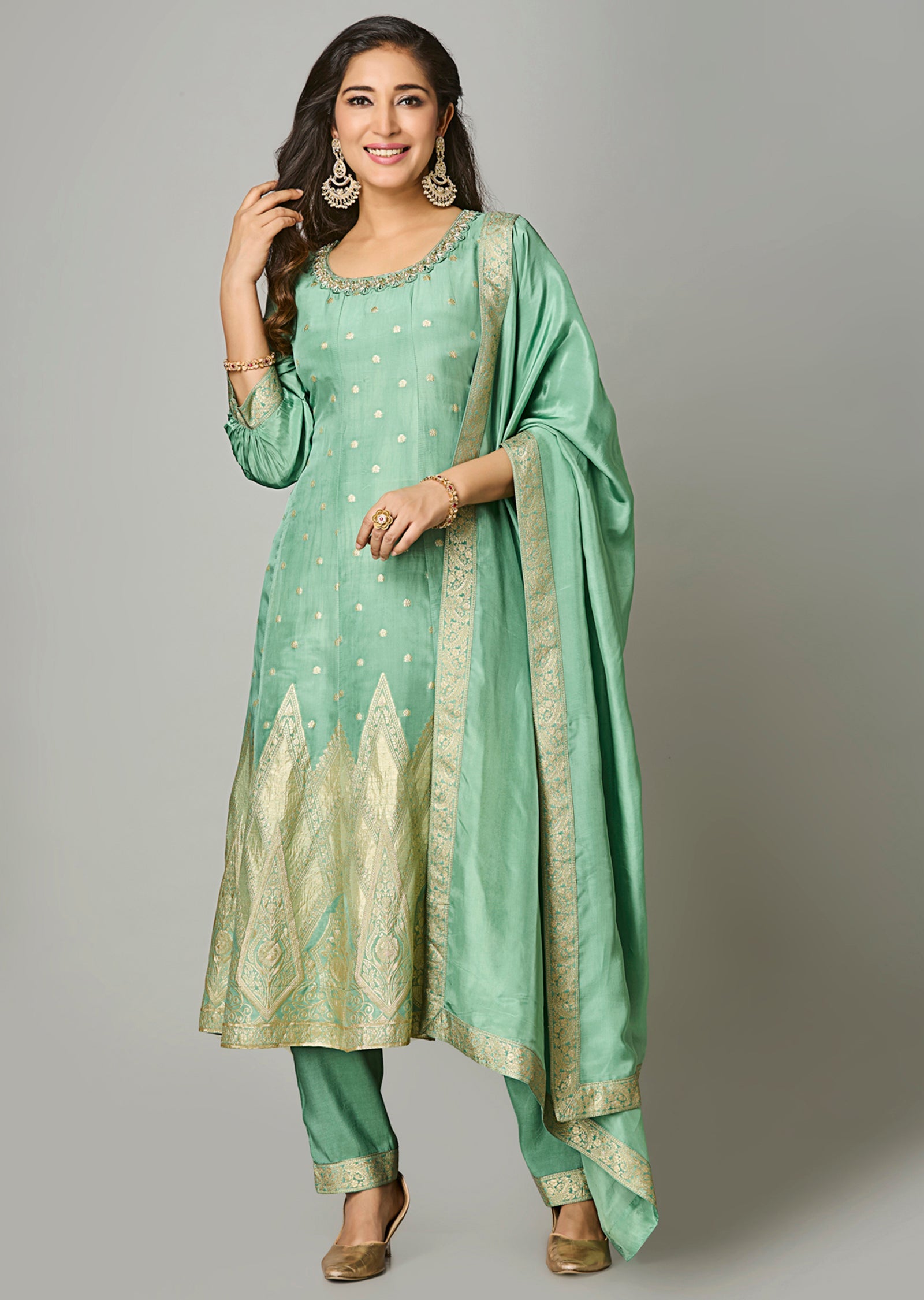 Dusty Green Silk Anarkali Suit