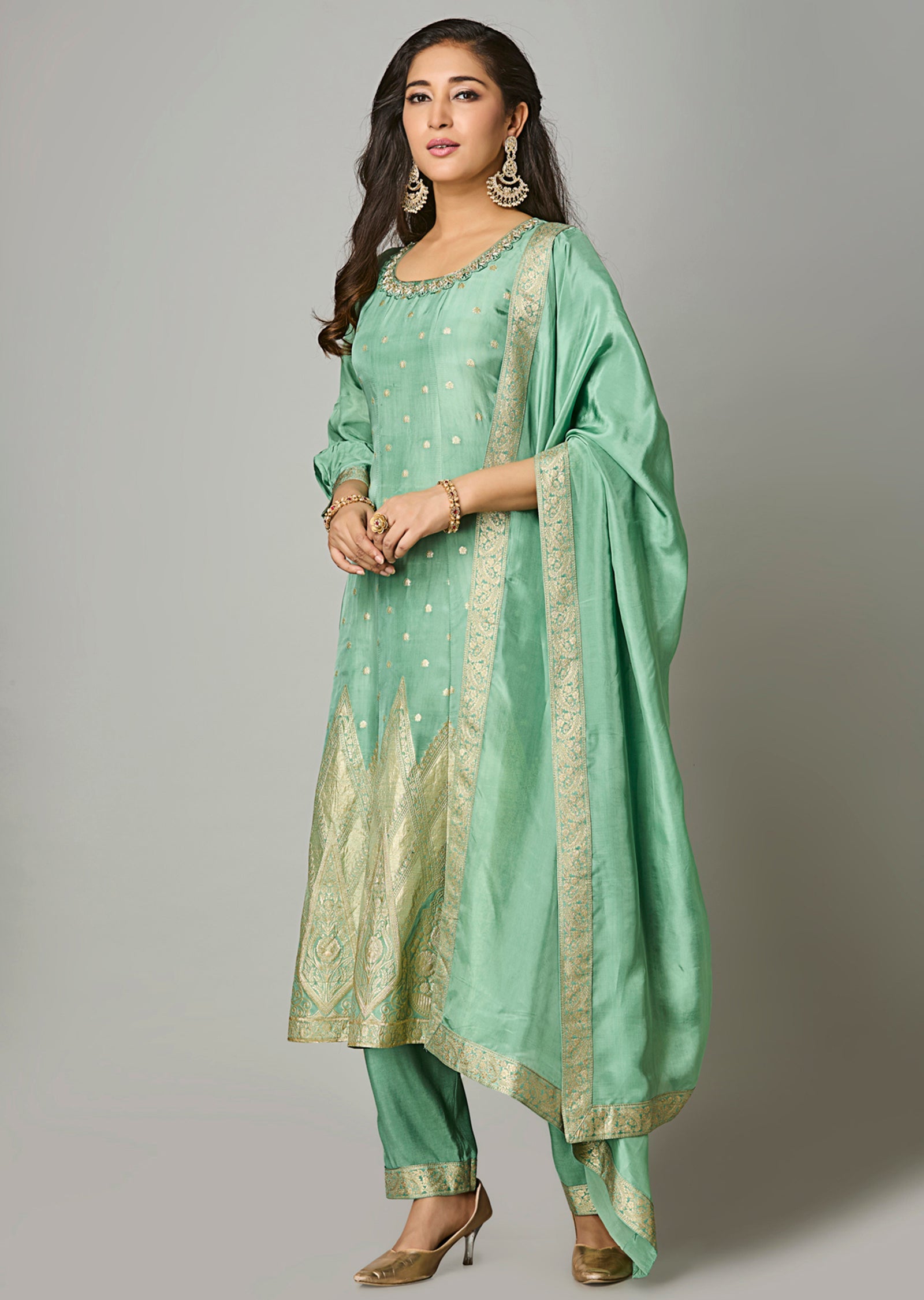 Dusty Green Silk Anarkali Suit