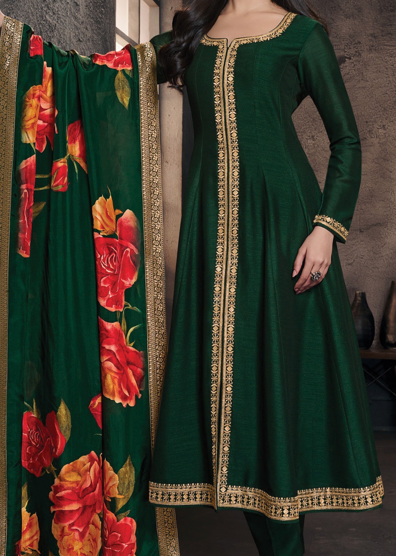 Bottle Green Silk Anarkali Suit