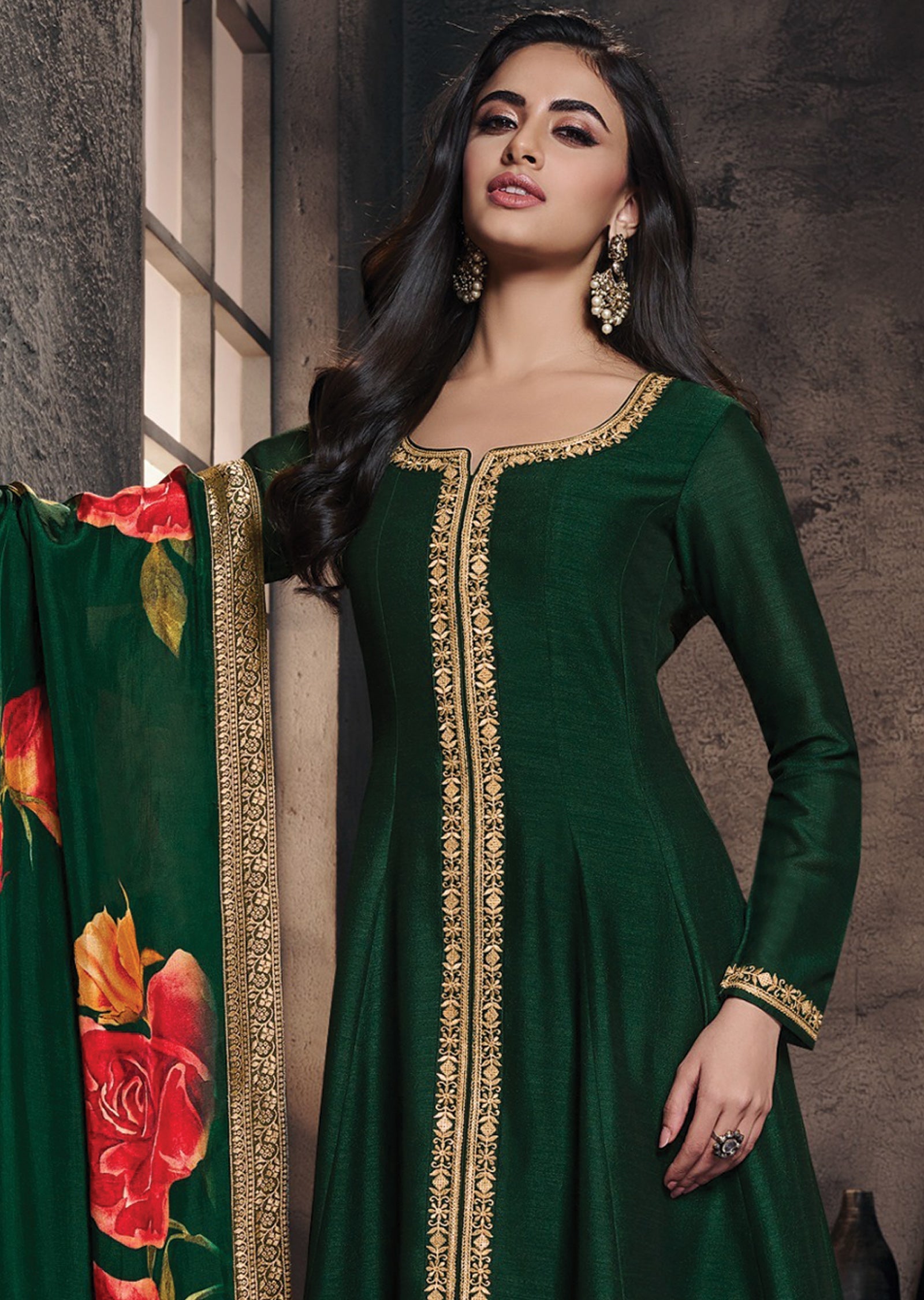 Bottle Green Silk Anarkali Suit