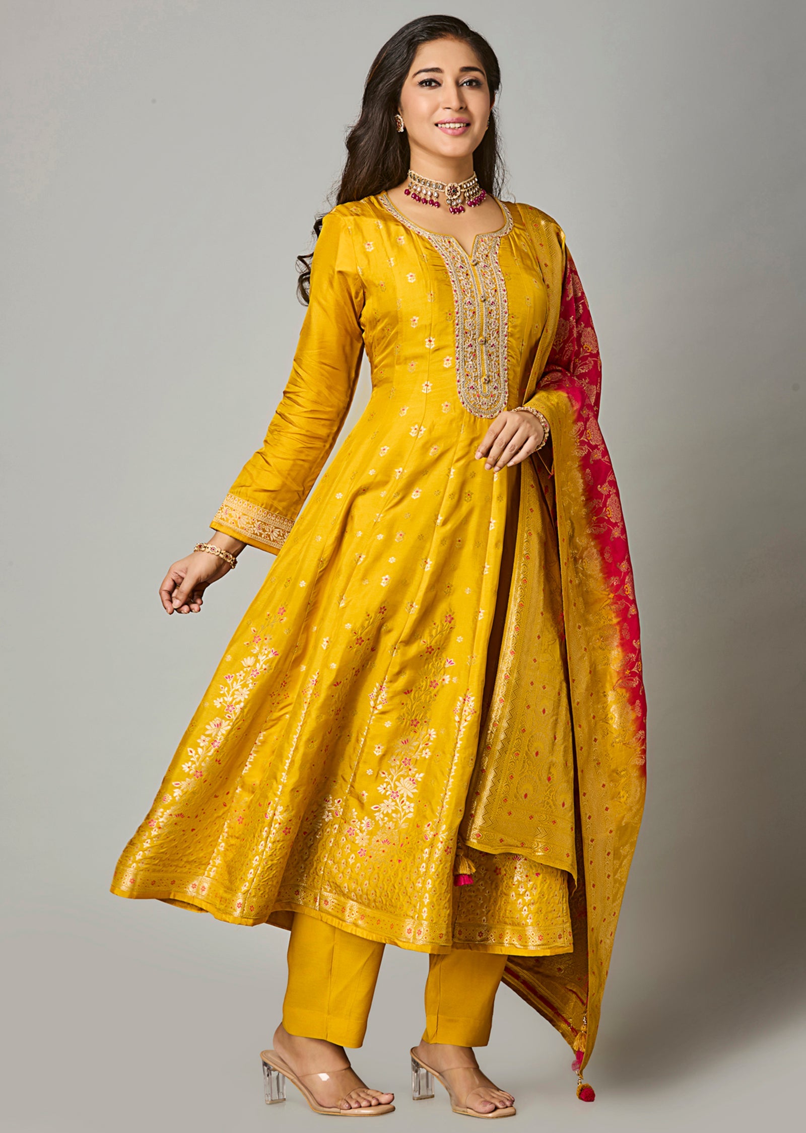 slim fit dress slacks Gold Beige Chikankari Embroidered Wedding Anarkali Gown main image 0