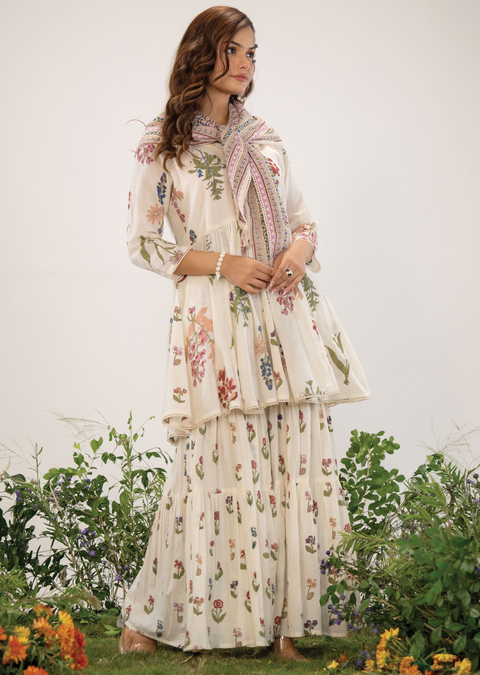 Off White Cotton Straight Cut Kurti Set