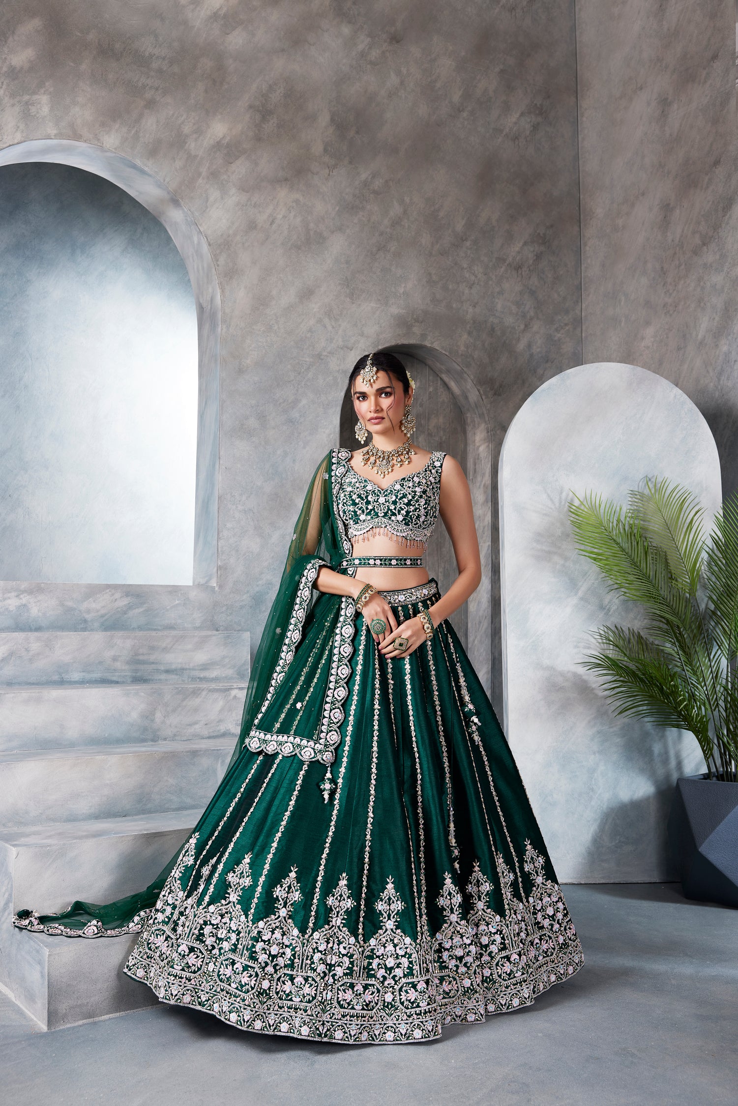 Bottle Green Raw Silk Lehenga Set