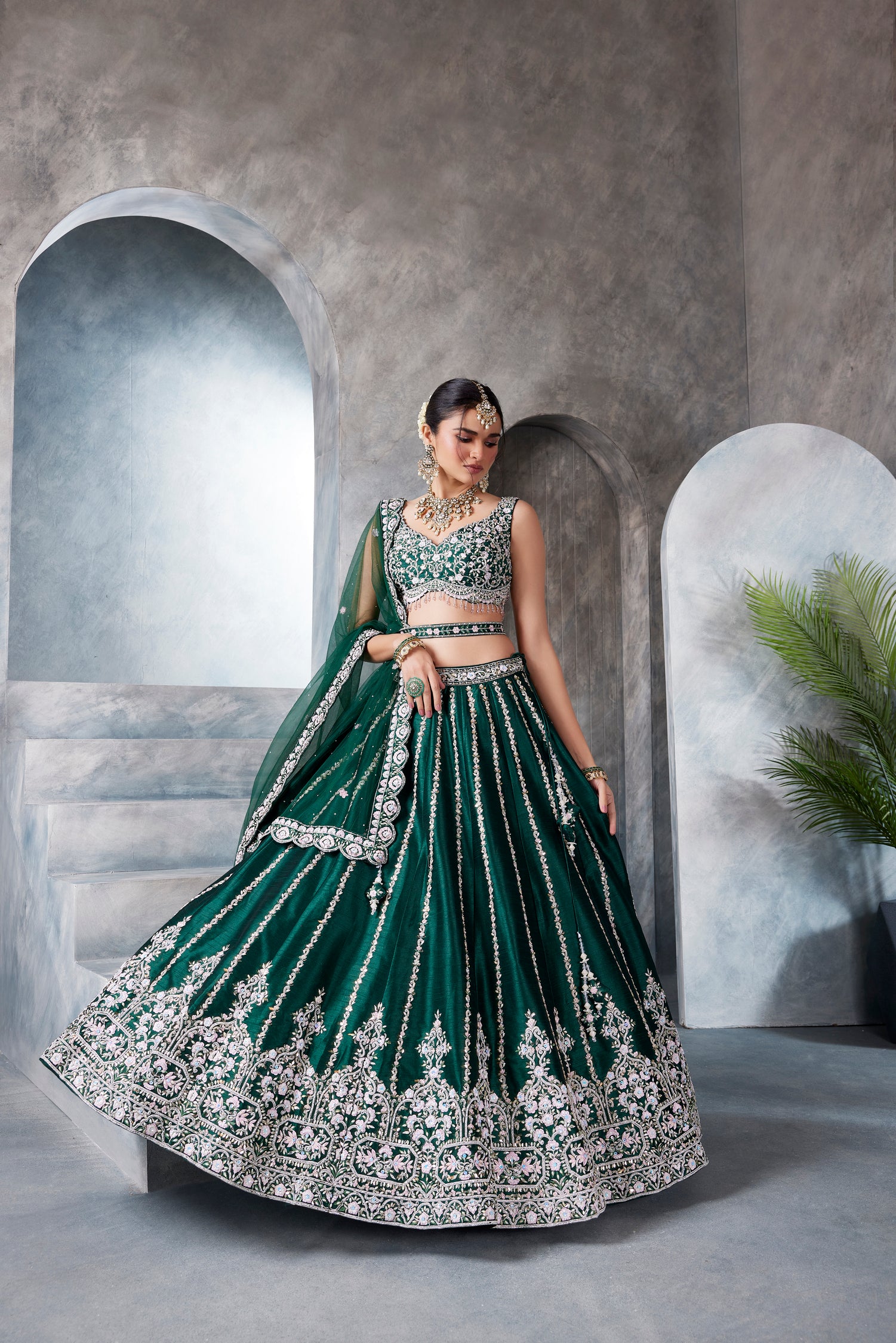 Bottle Green Raw Silk Lehenga Set