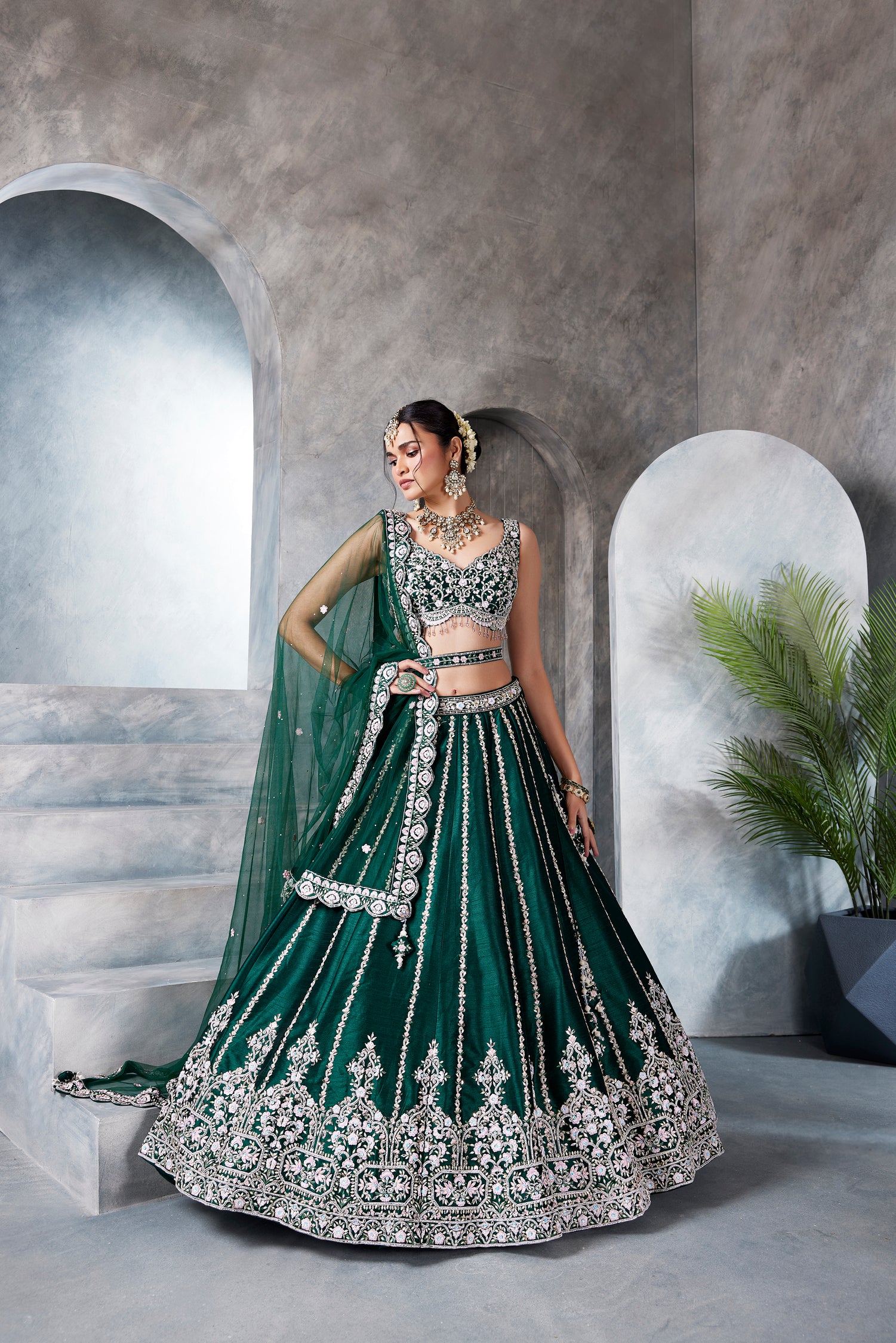 Bottle Green Raw Silk Lehenga Set