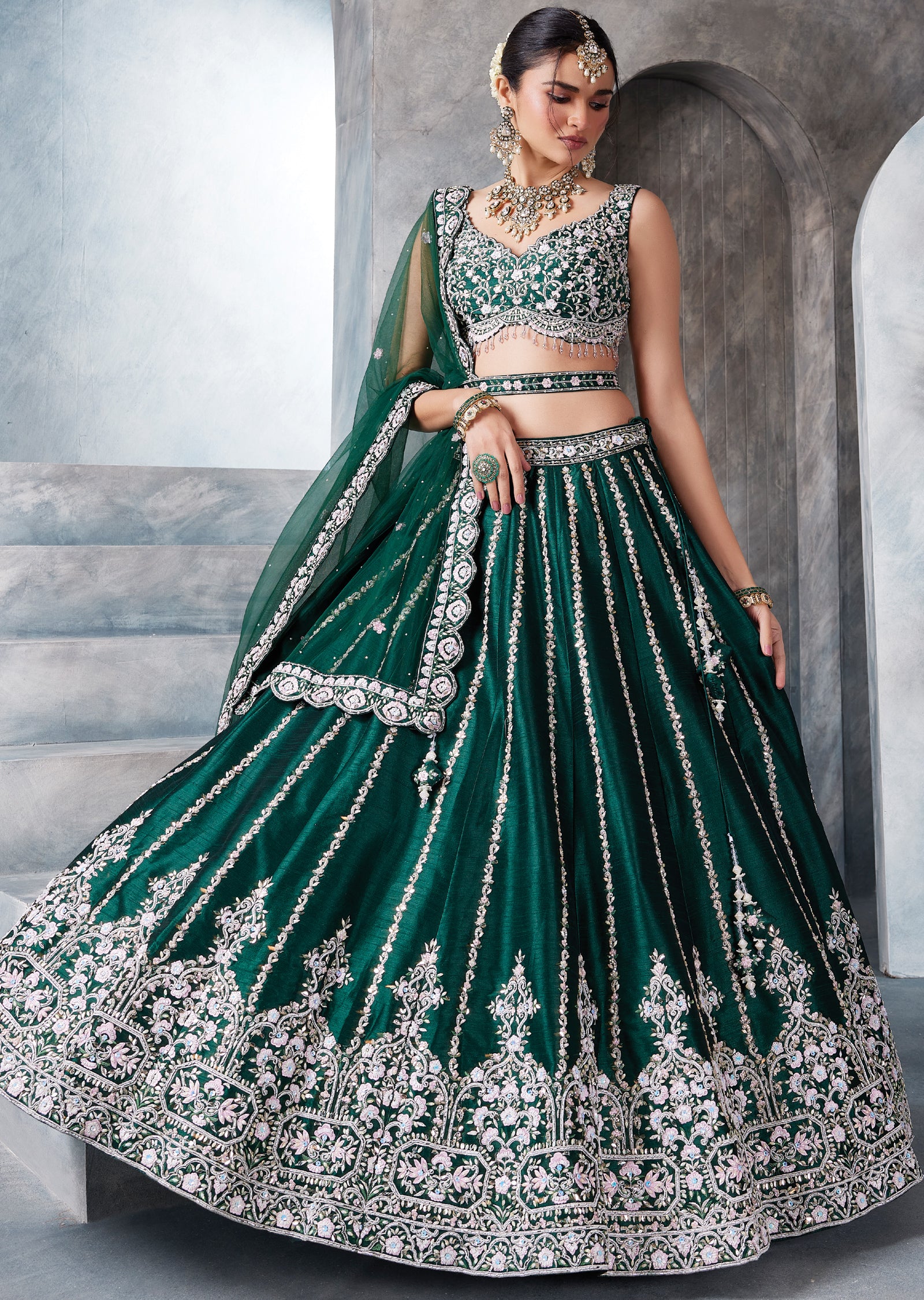 Bottle Green Raw Silk Lehenga Set