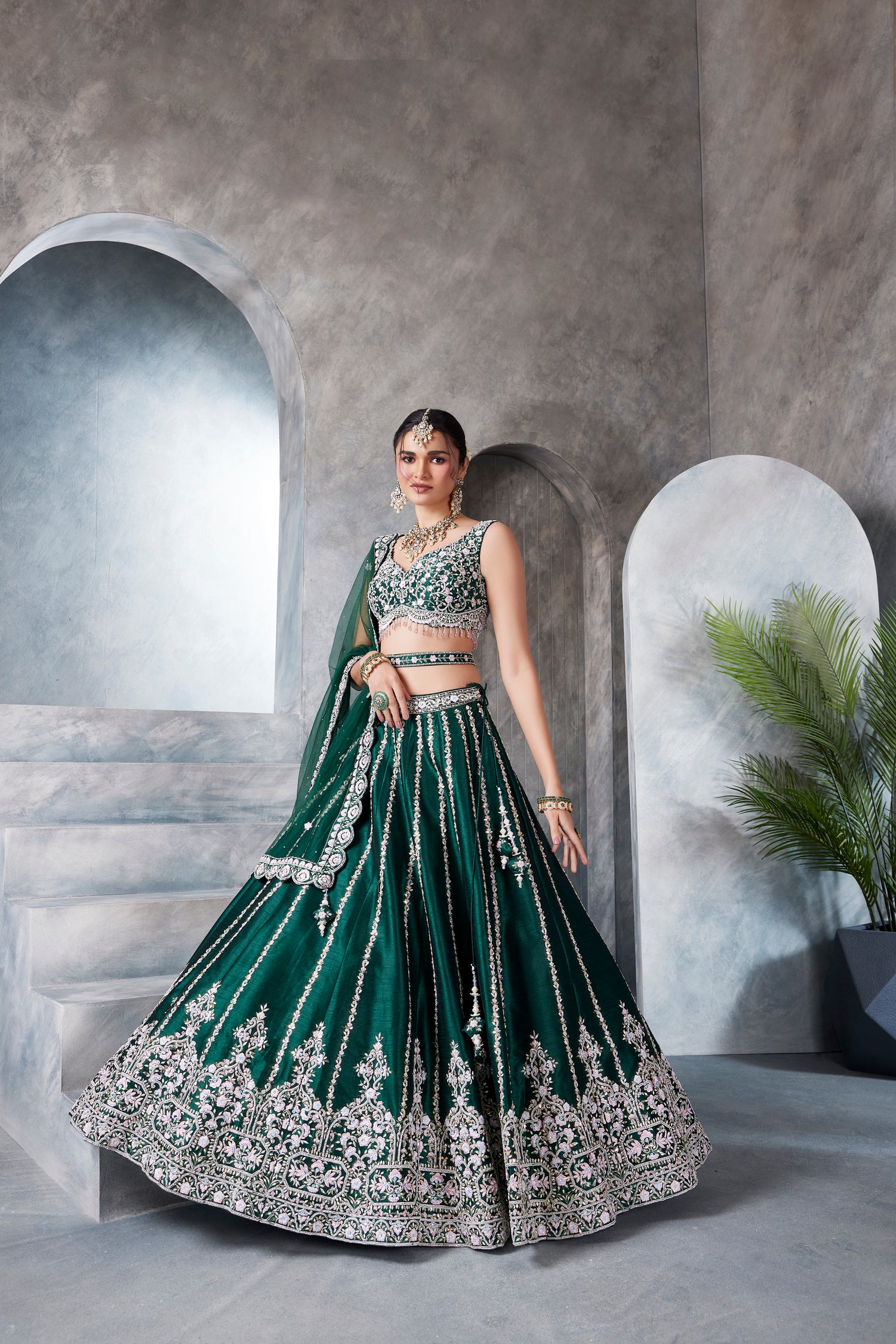 Bottle Green Raw Silk Lehenga Set