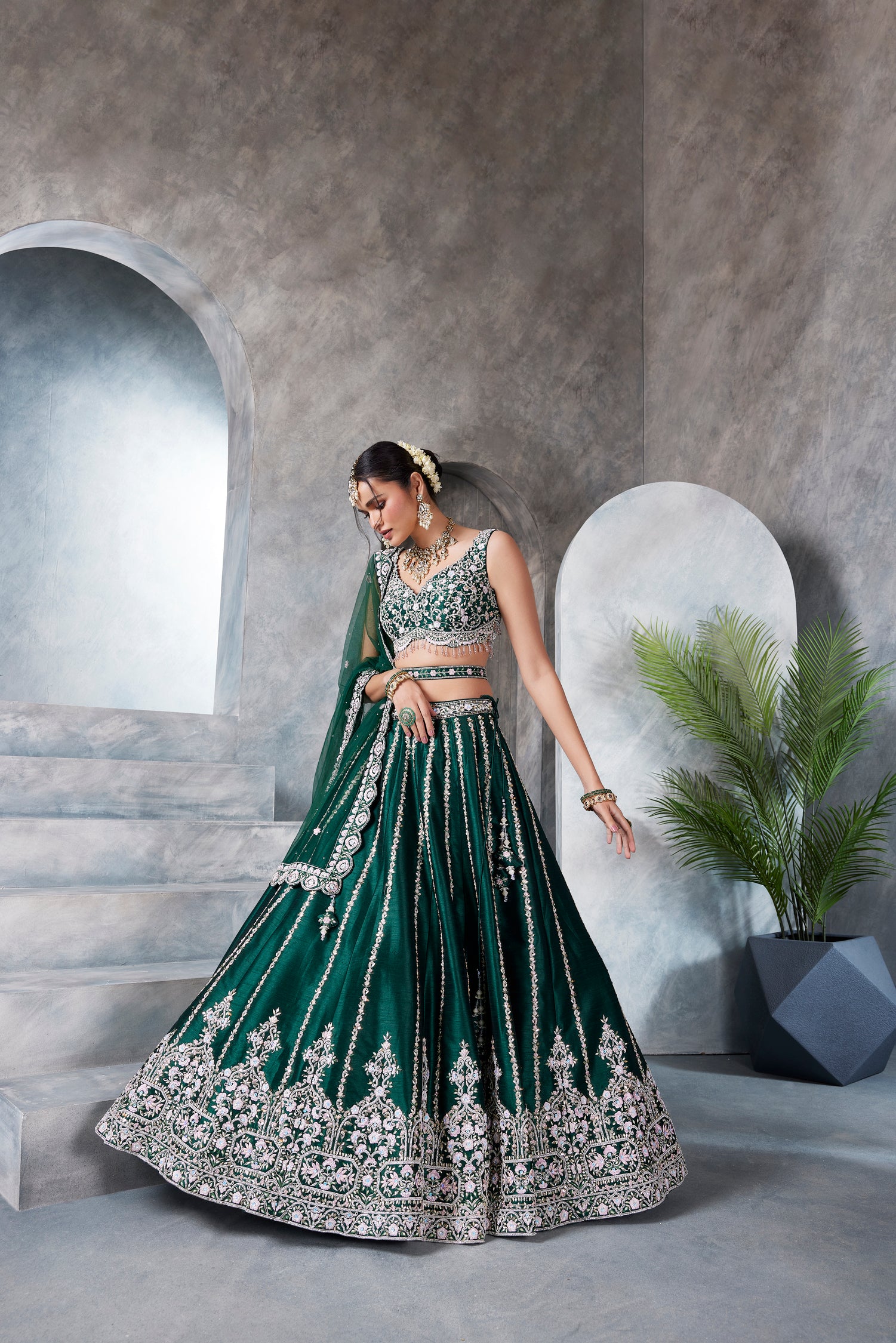 Bottle Green Raw Silk Lehenga Set
