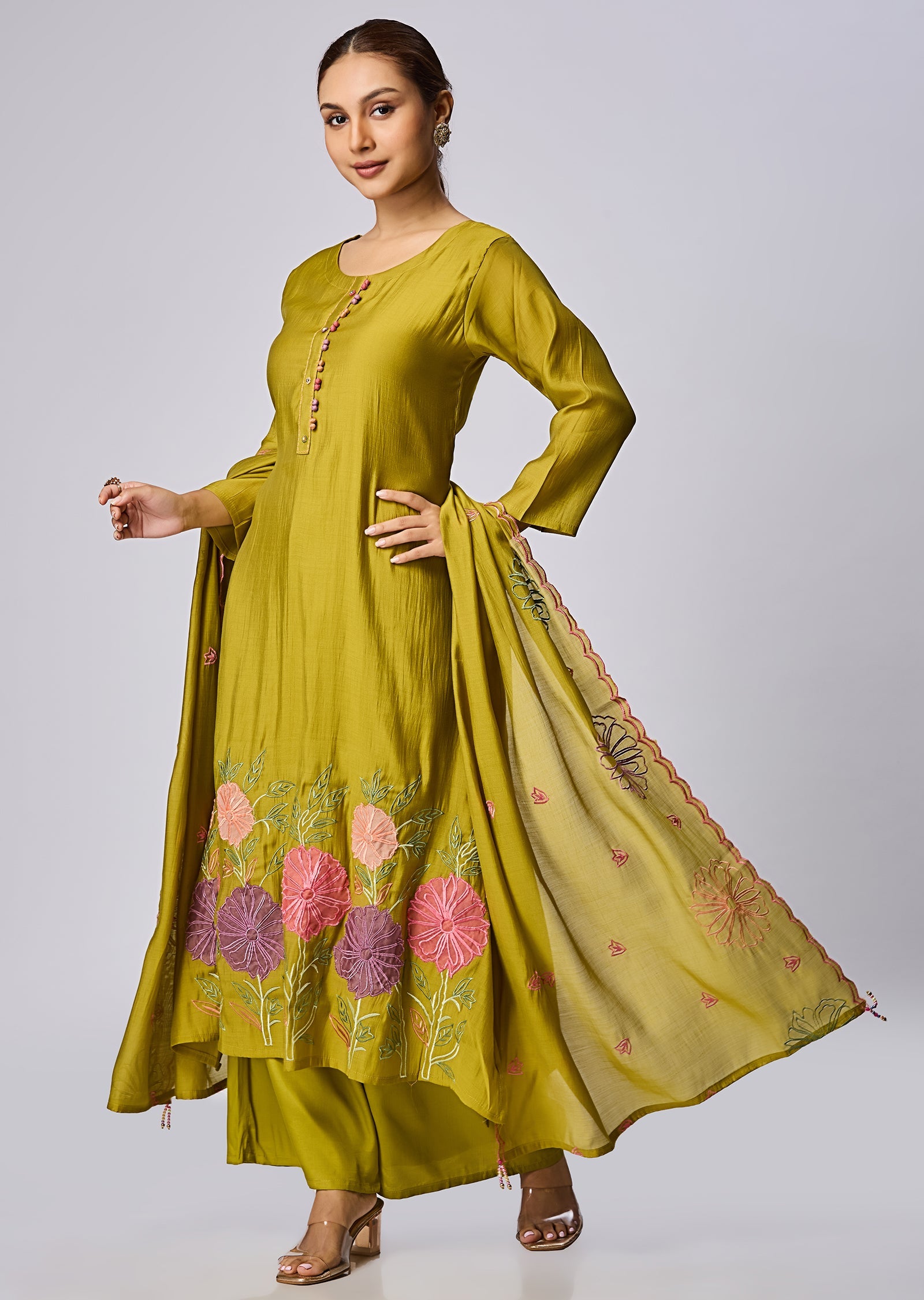 Mehendi Green Mul Chanderi Straight Cut Suit