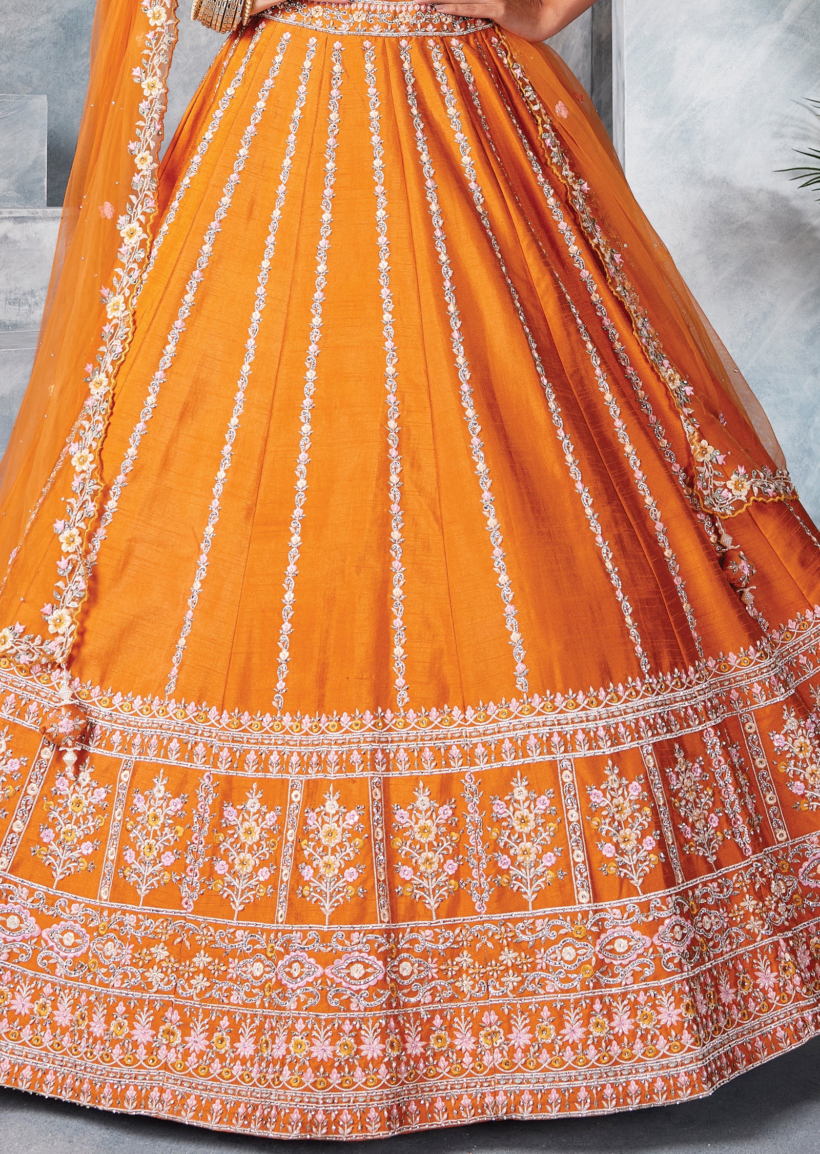 Orange Raw Silk Lehenga Set