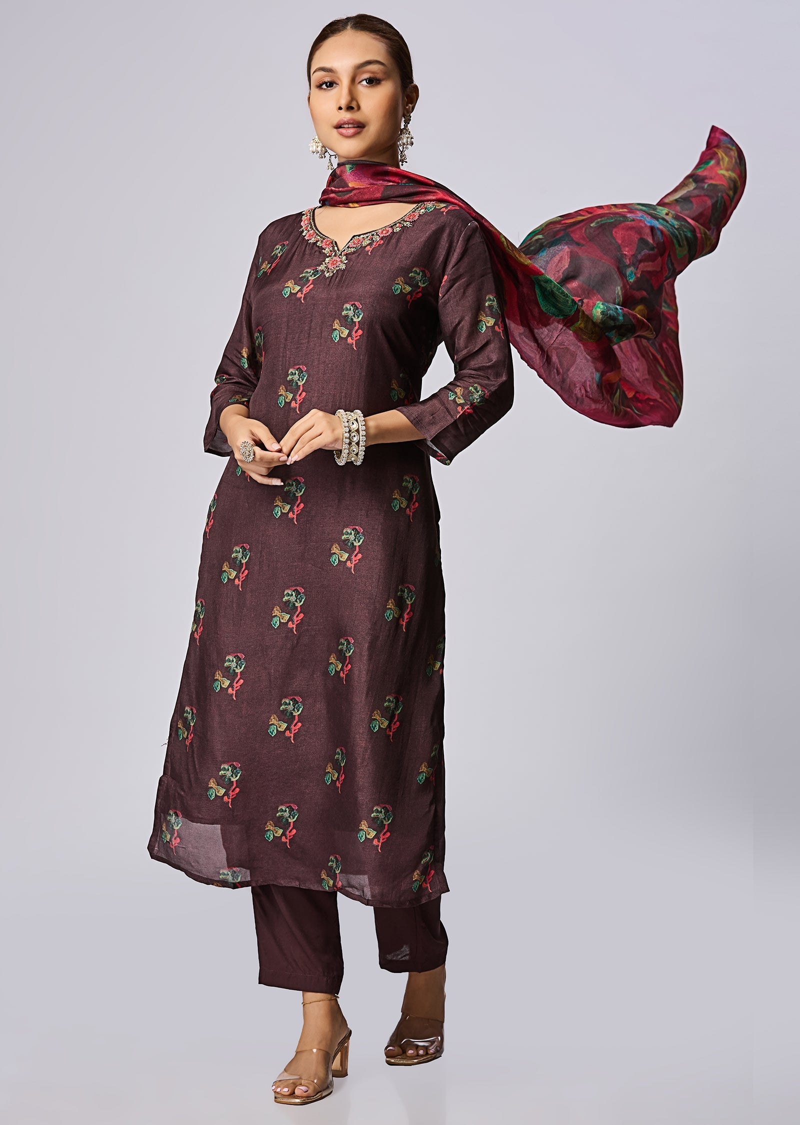 Brown Dola Silk Straight Cut Suit