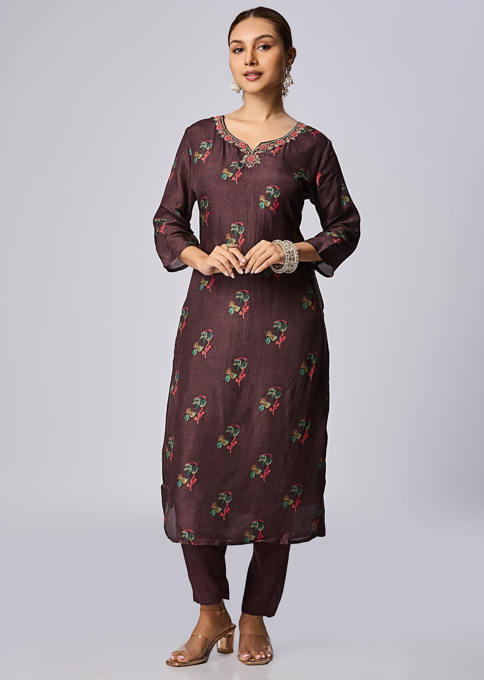 Brown Dola Silk Straight Cut Suit