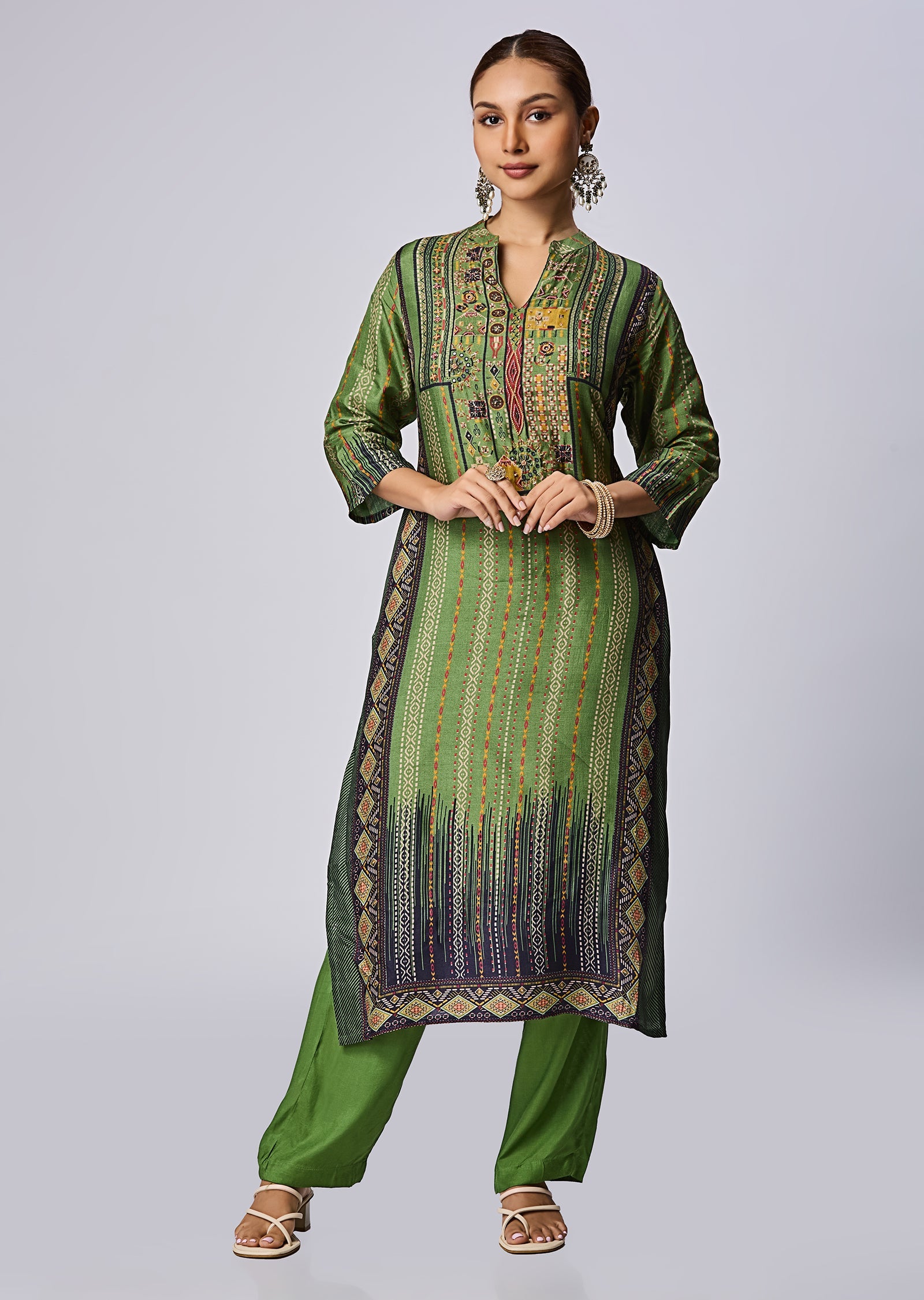 Green Dola Silk Straight Cut Suit
