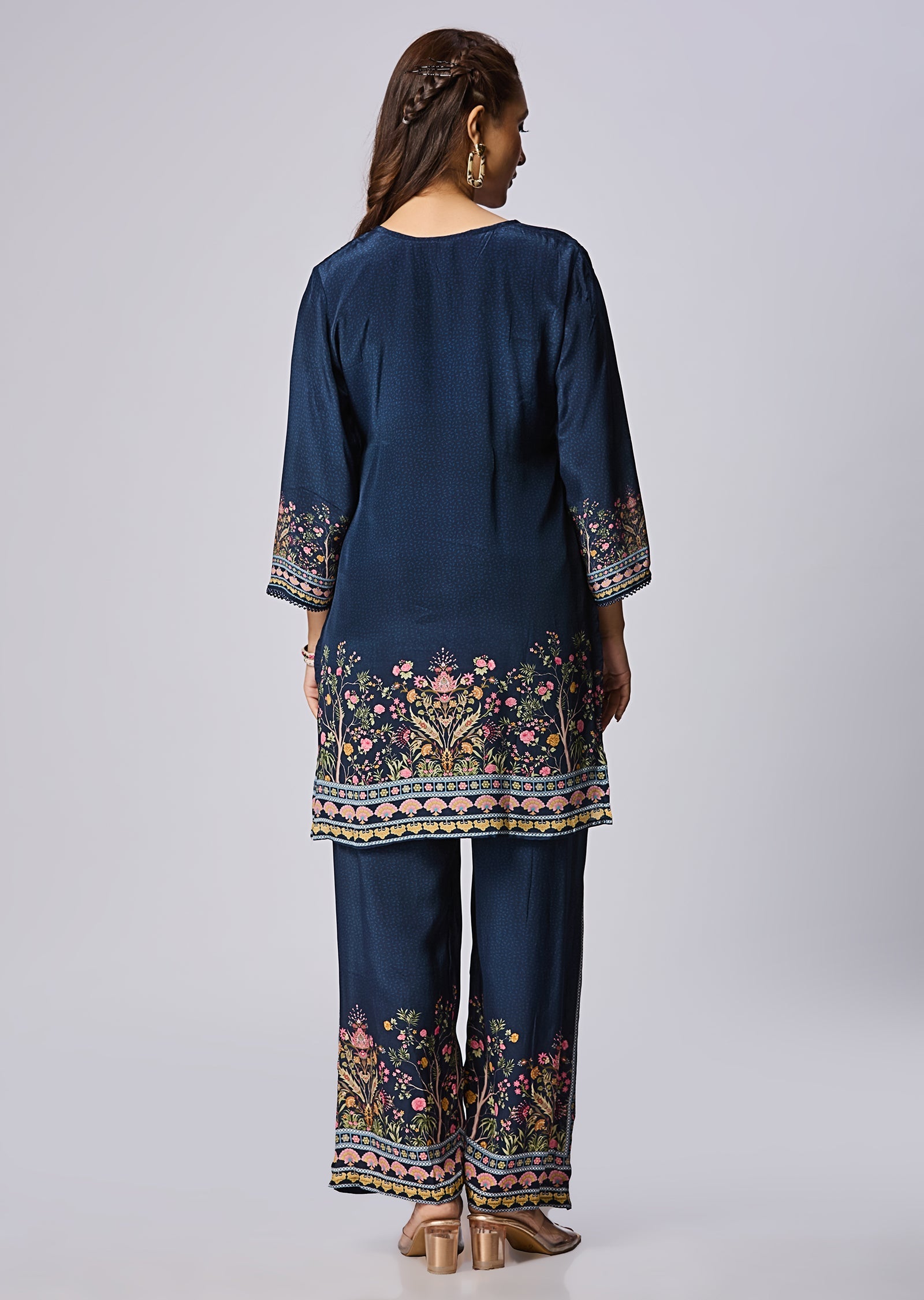Navy Blue Crepe Straight Cut Kurti Set