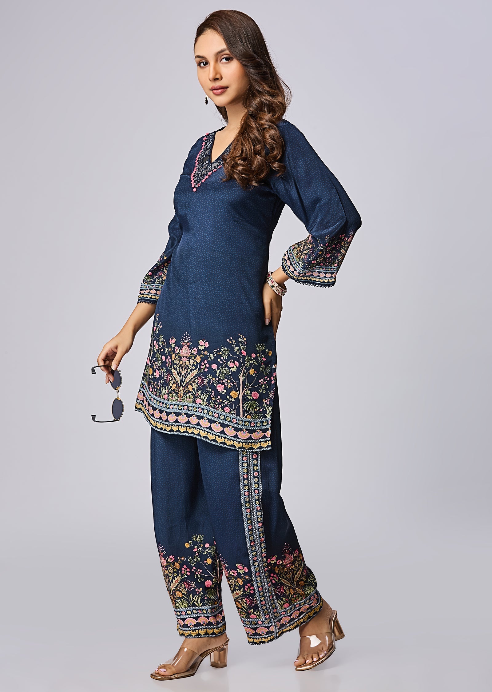Navy Blue Crepe Straight Cut Kurti Set