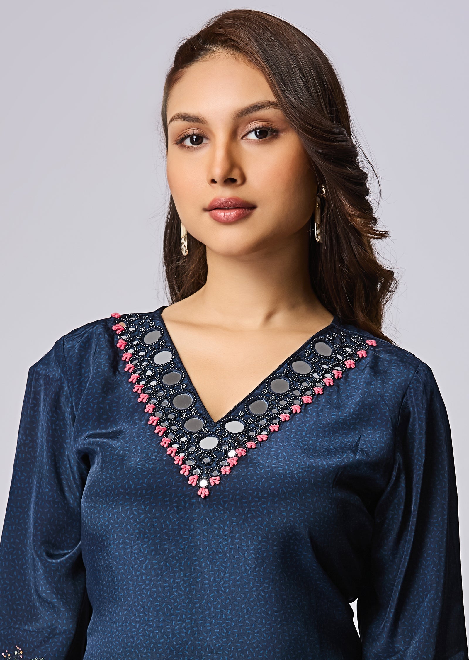 Navy Blue Crepe Straight Cut Kurti Set