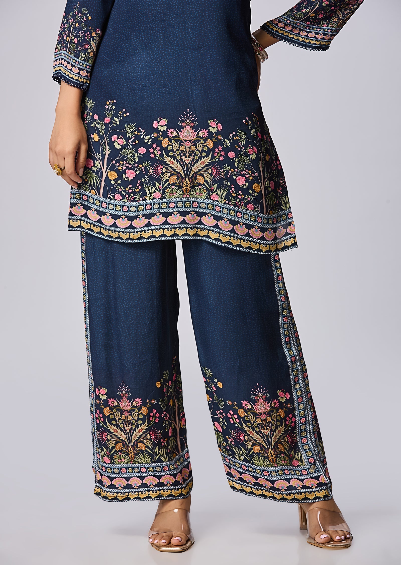 Navy Blue Crepe Straight Cut Kurti Set