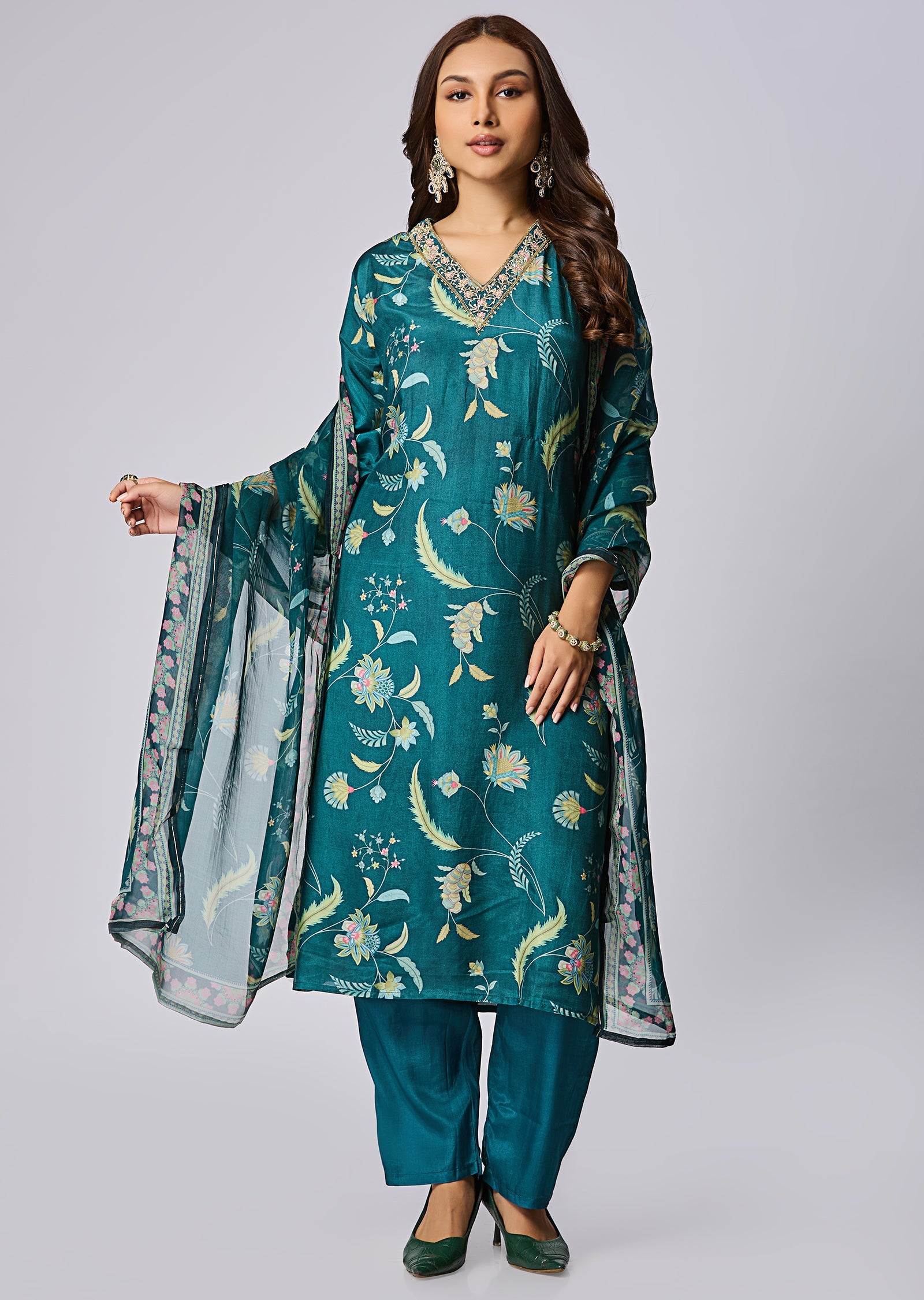 Rama Green Dola Silk Straight Cut Suit