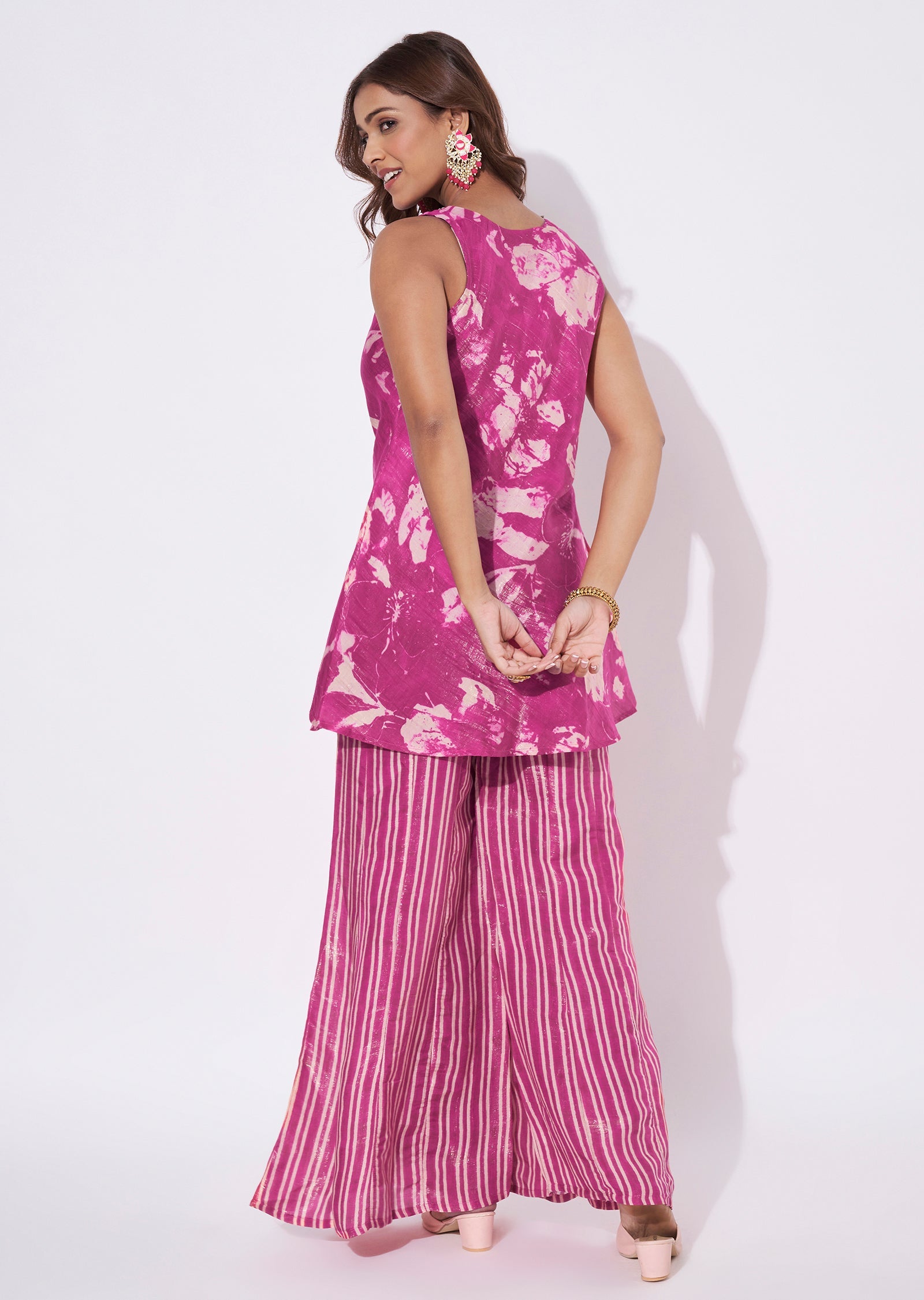 Pink Tissue Straight Cut Kurti Set