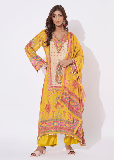 Yellow Chinnon Anarkali Suit