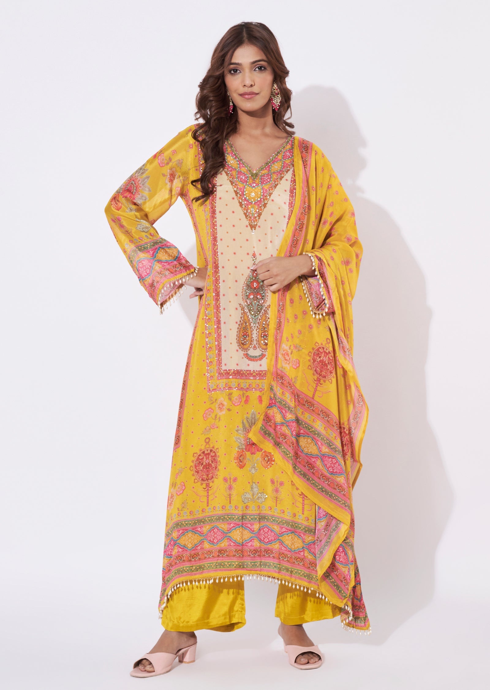 Yellow Chinnon Anarkali Suit
