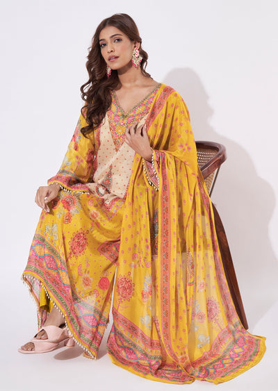 Yellow Chinnon Anarkali Suit