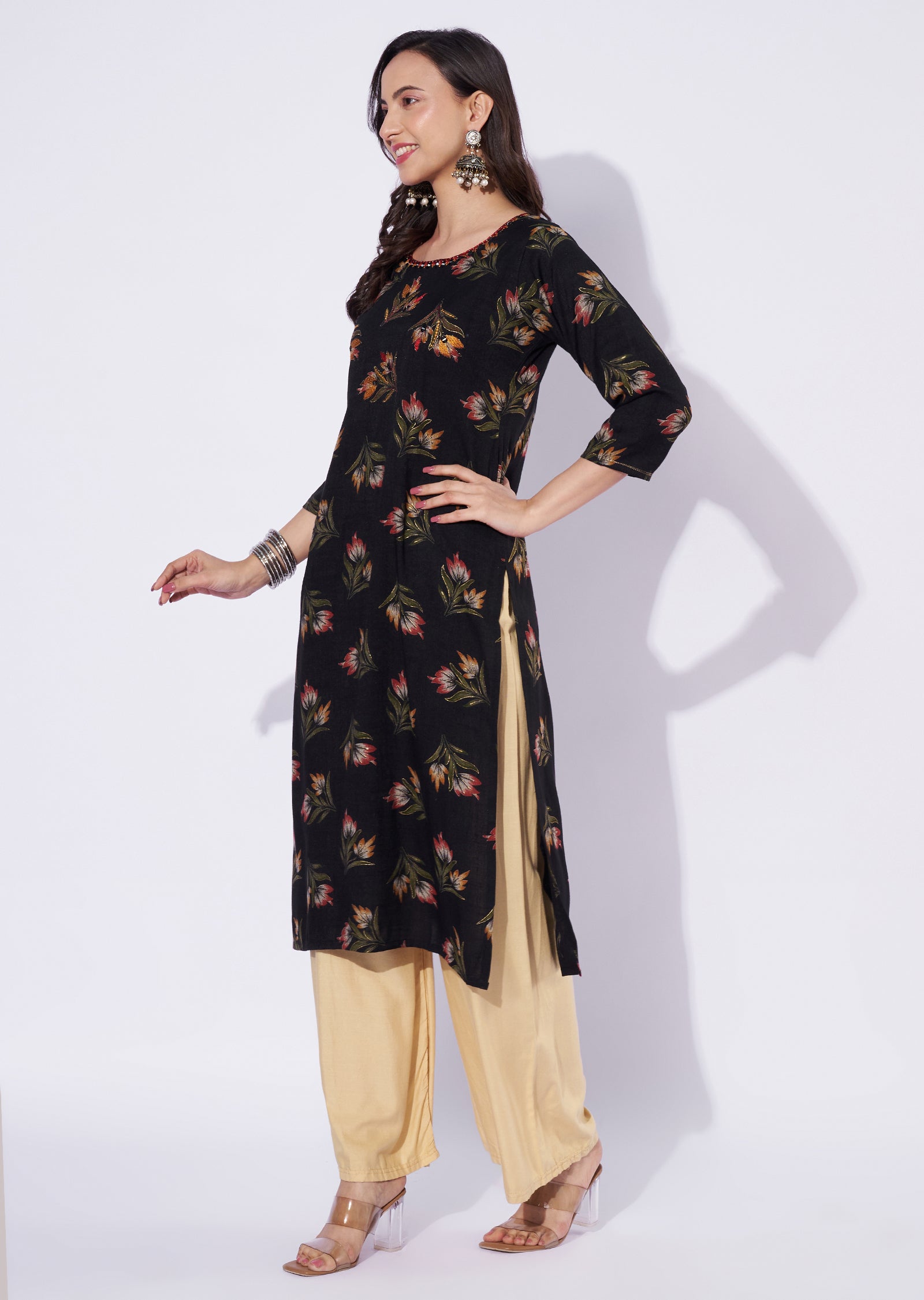 Black Cotton Straight Cut Kurti