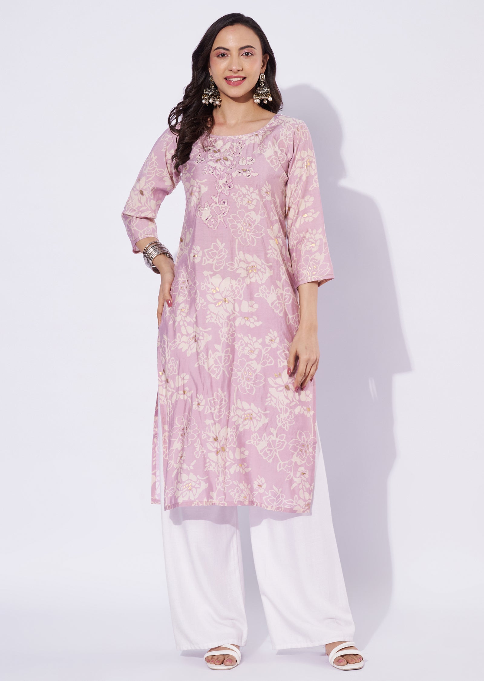 Onion Pink Linen Cotton Straight Cut Kurti