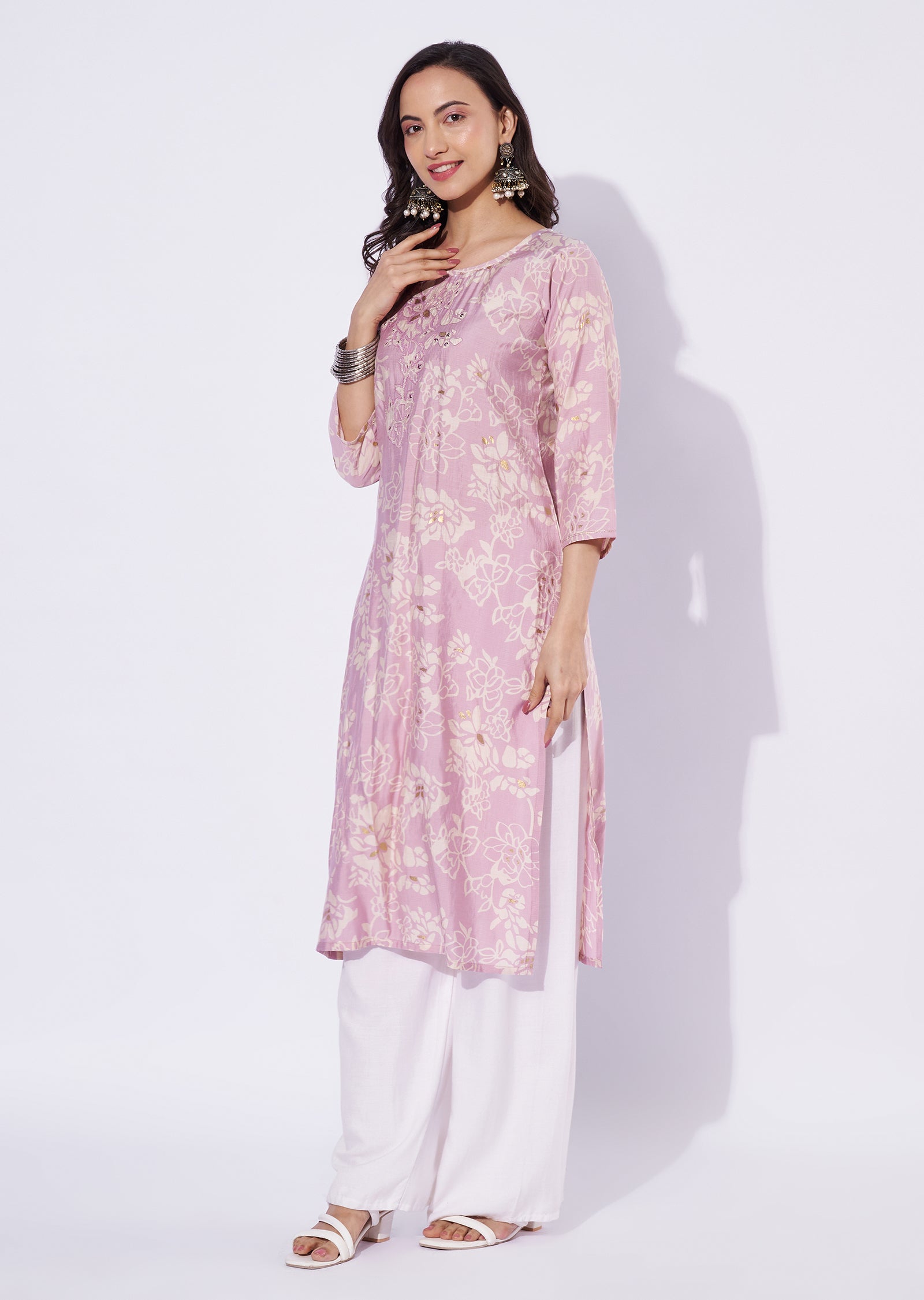 Onion Pink Linen Cotton Straight Cut Kurti