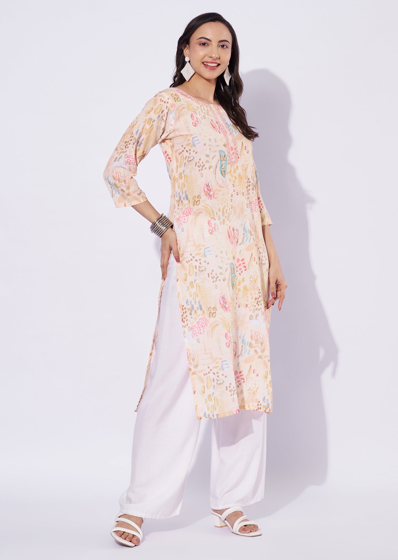 Light Yellow Linen Cotton Straight Cut Kurti