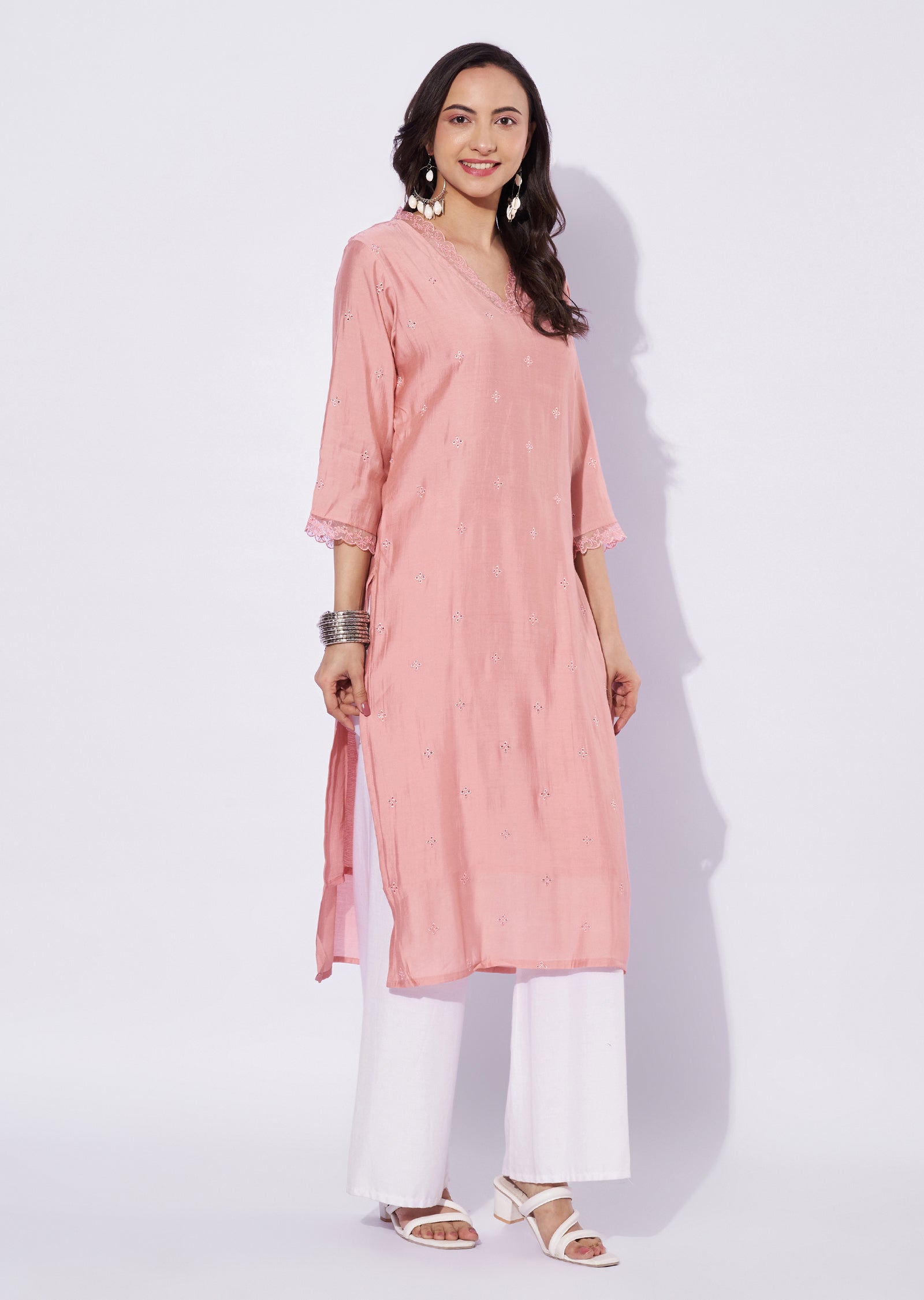 Peach Russian Silk Straight Cut Kurti