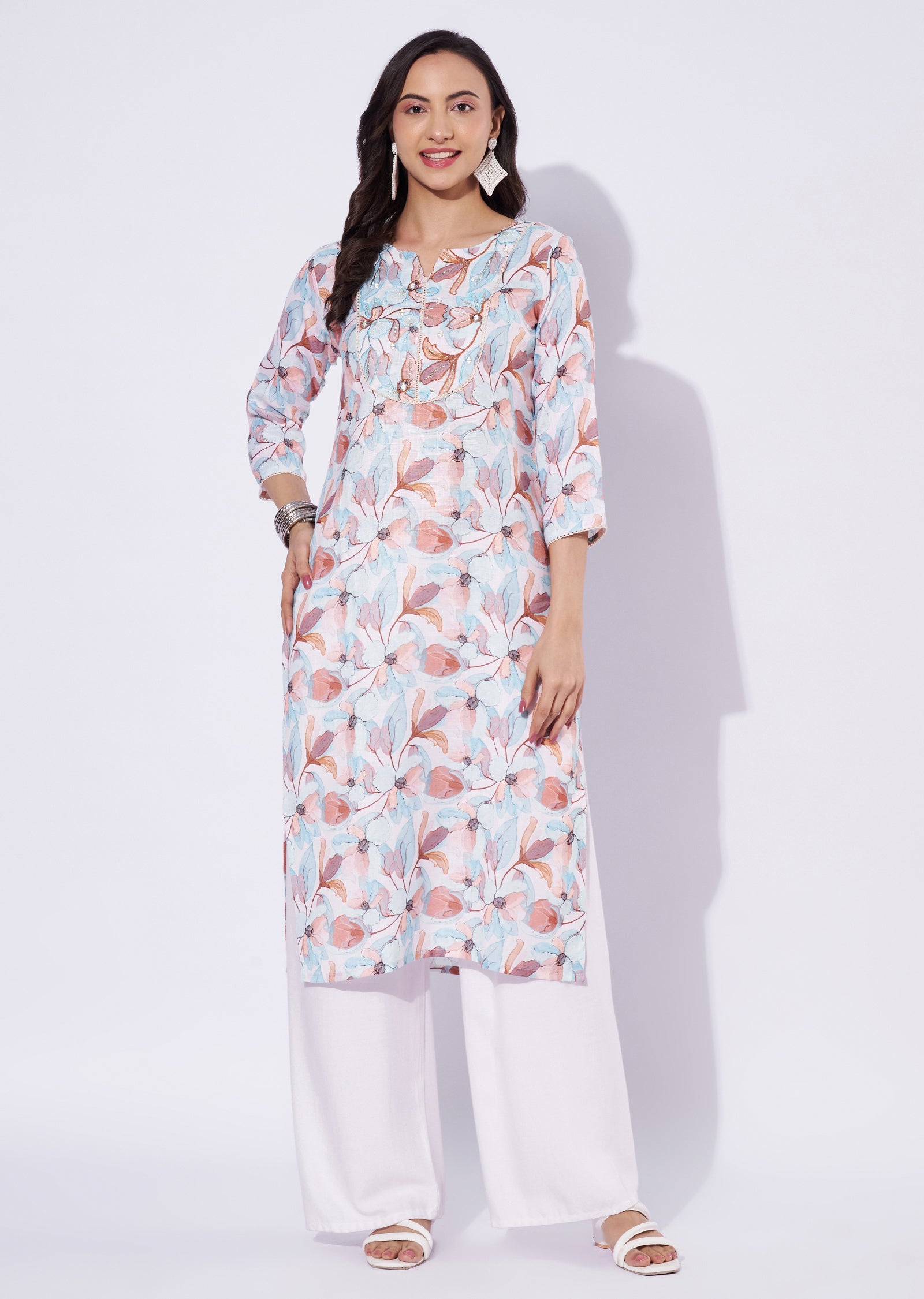 Printed Linen Cotton Straight Cut Top