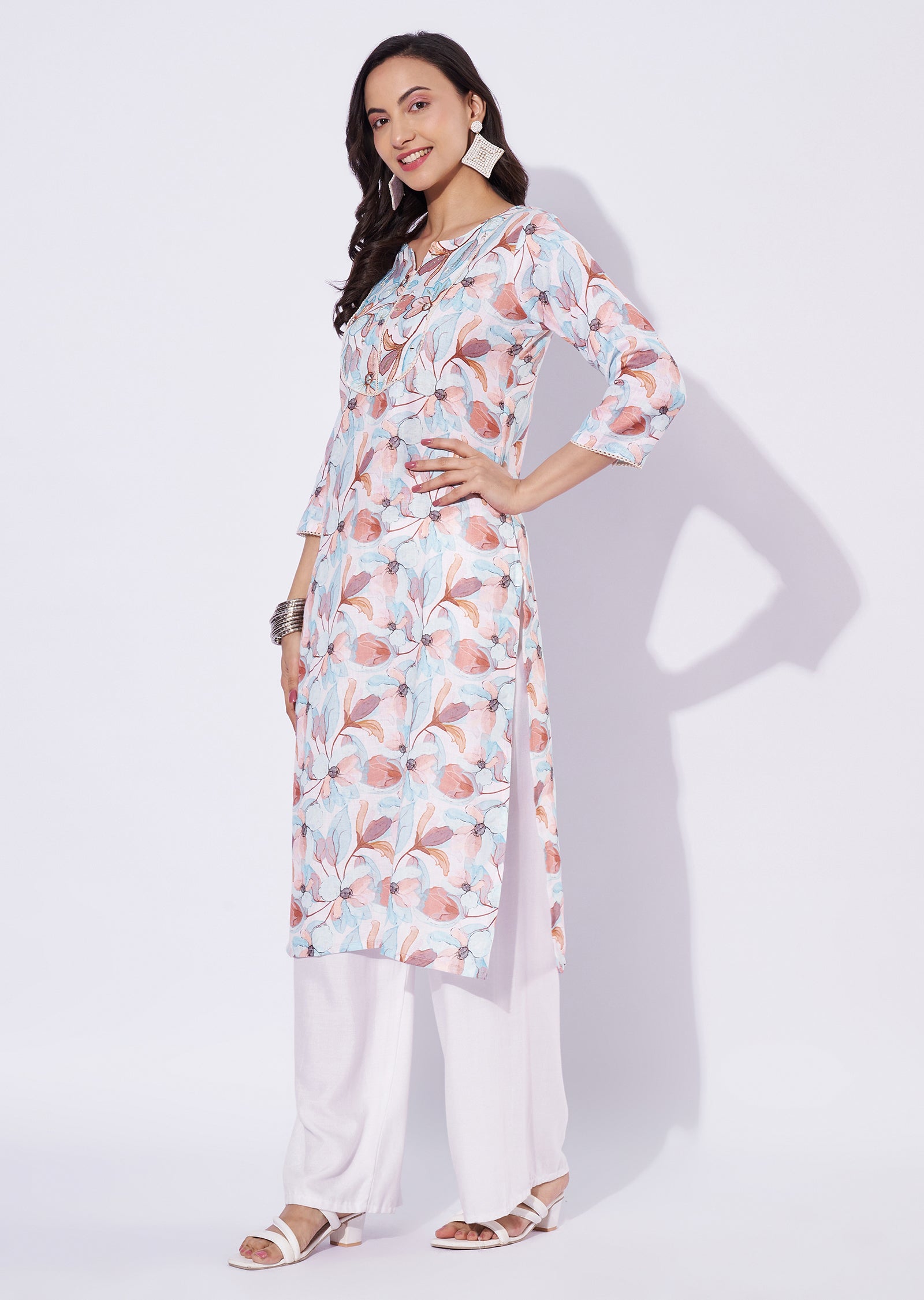 Printed Linen Cotton Straight Cut Top