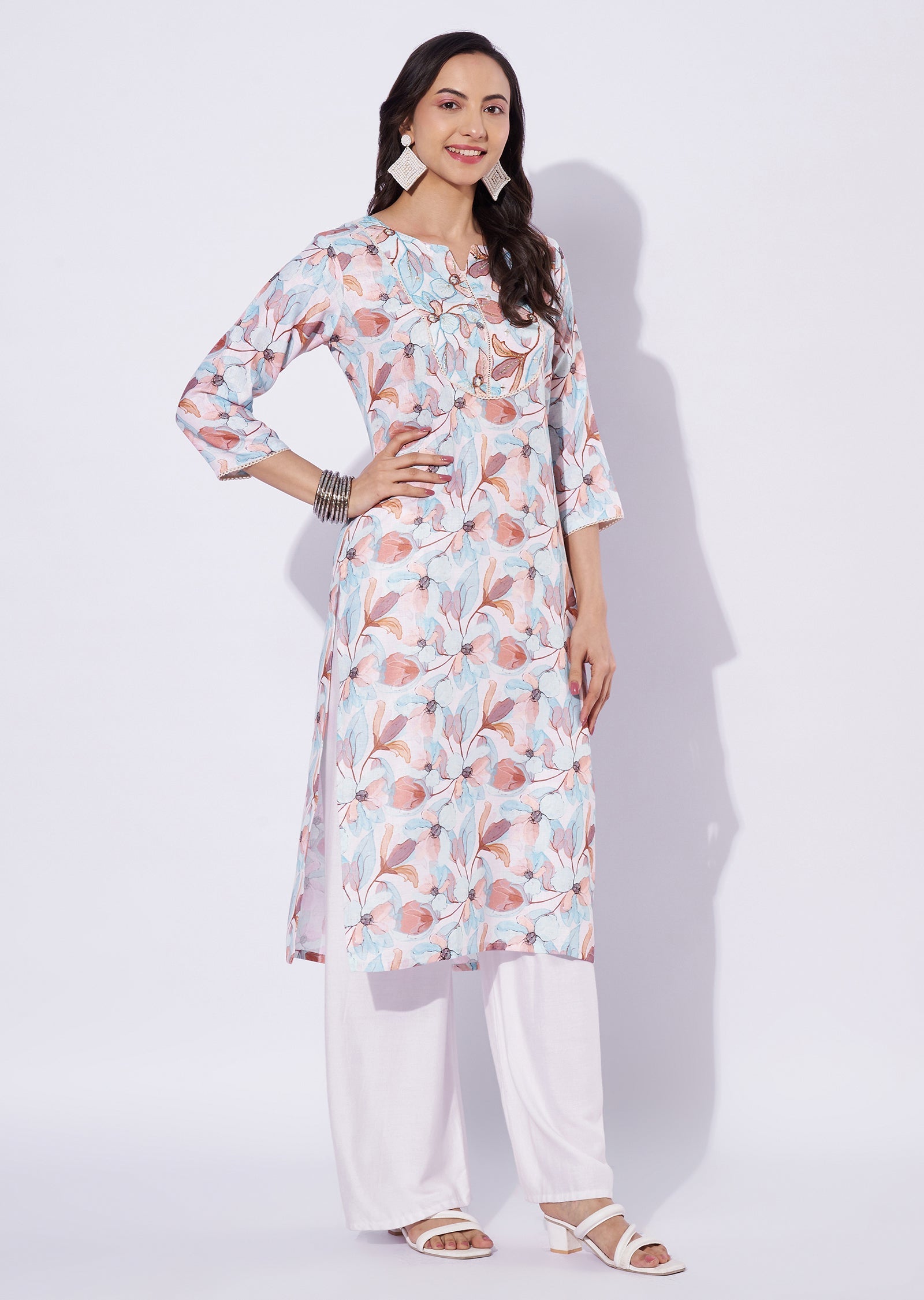 Printed Linen Cotton Straight Cut Top