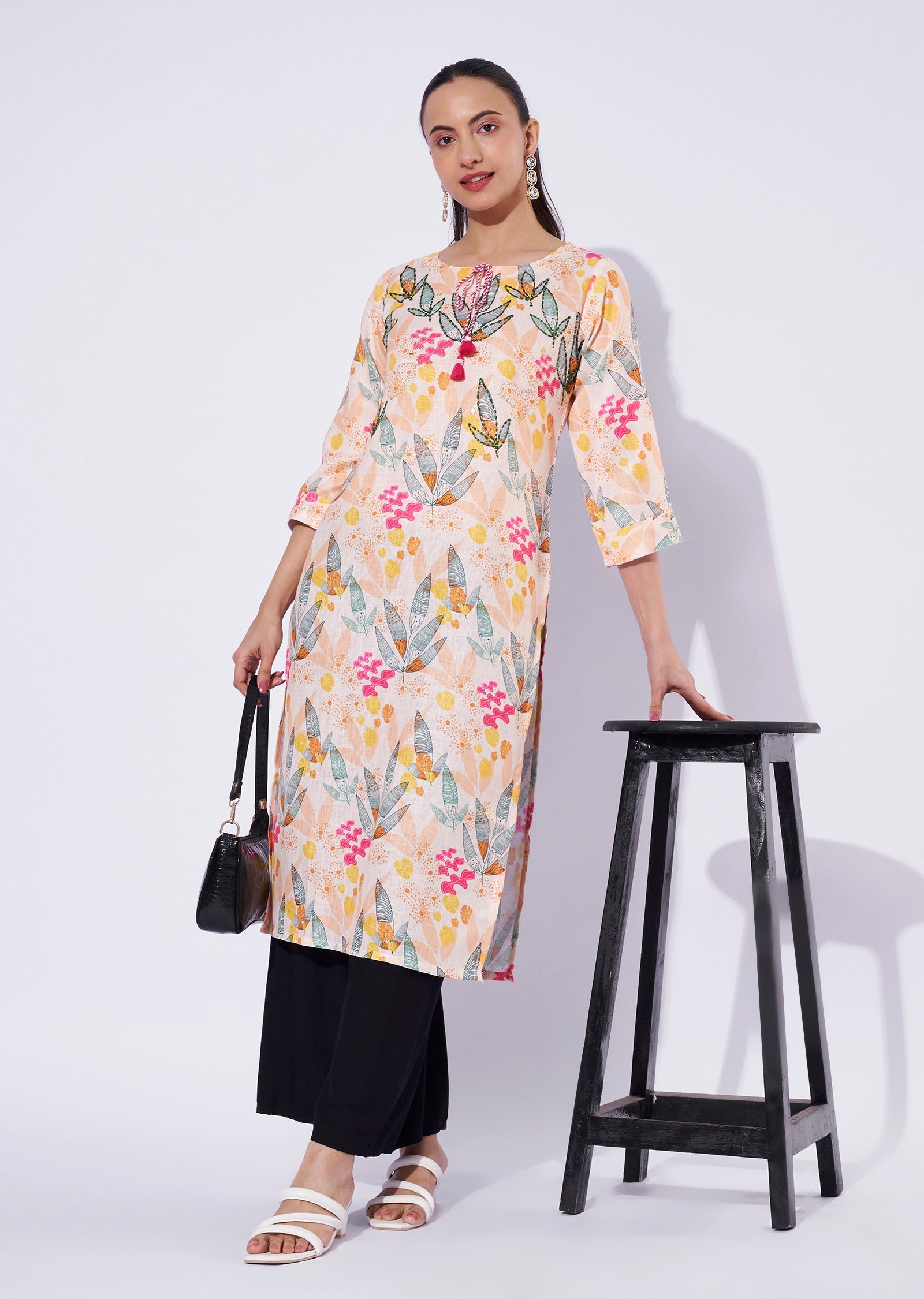 Light Yellow Linen Cotton Straight Cut Kurti