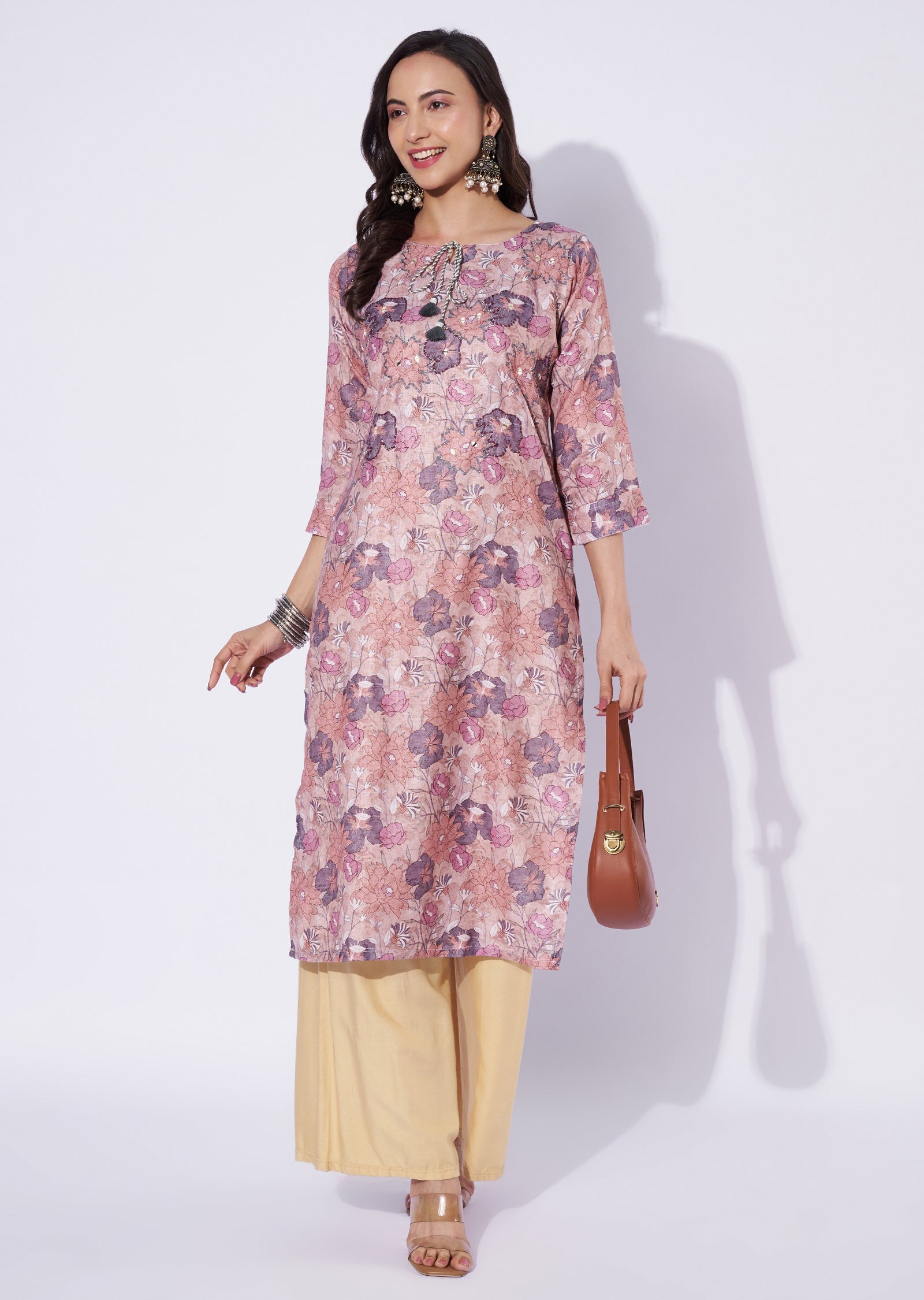 Light Brown Linen Cotton Straight Cut Kurti