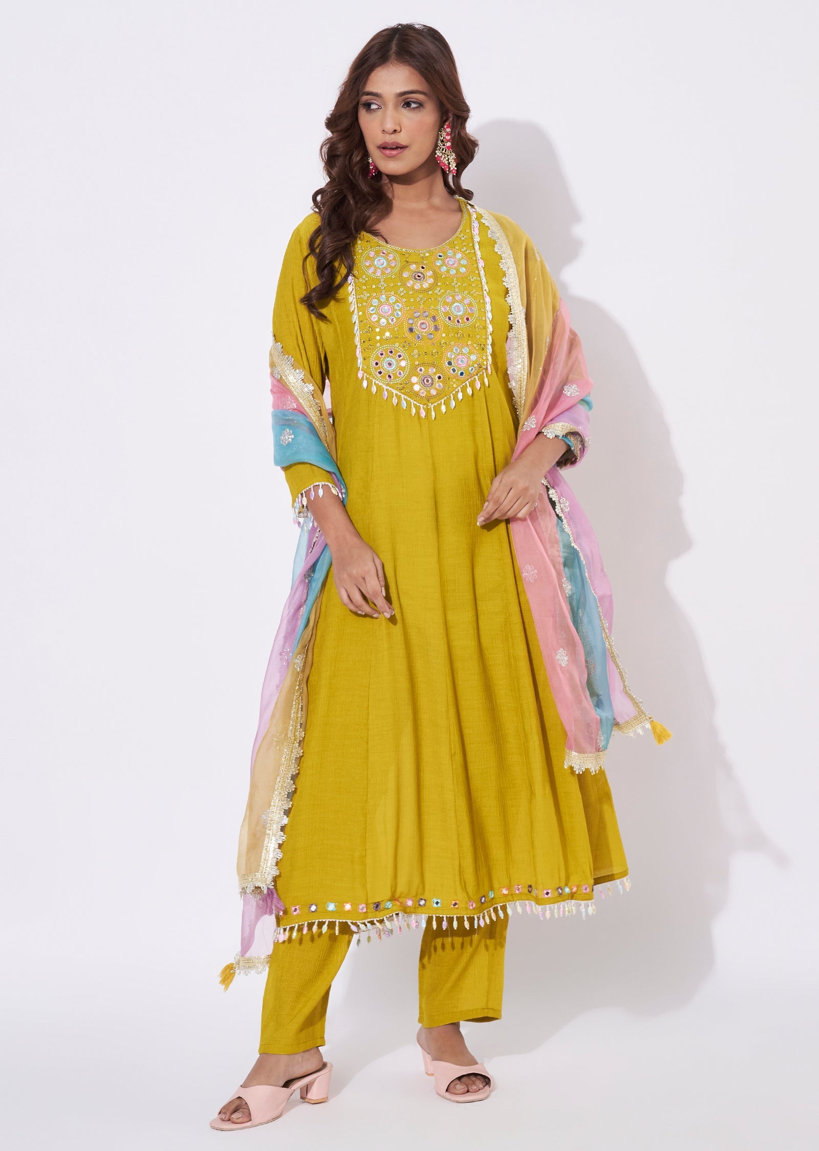 Mehendi Green Chinnon Anarkali Suit