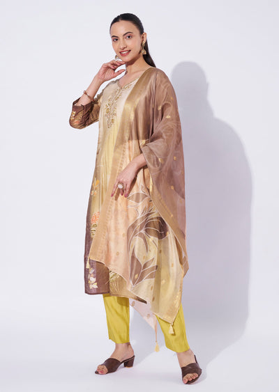 Beige Chanderi Straight Cut Suit
