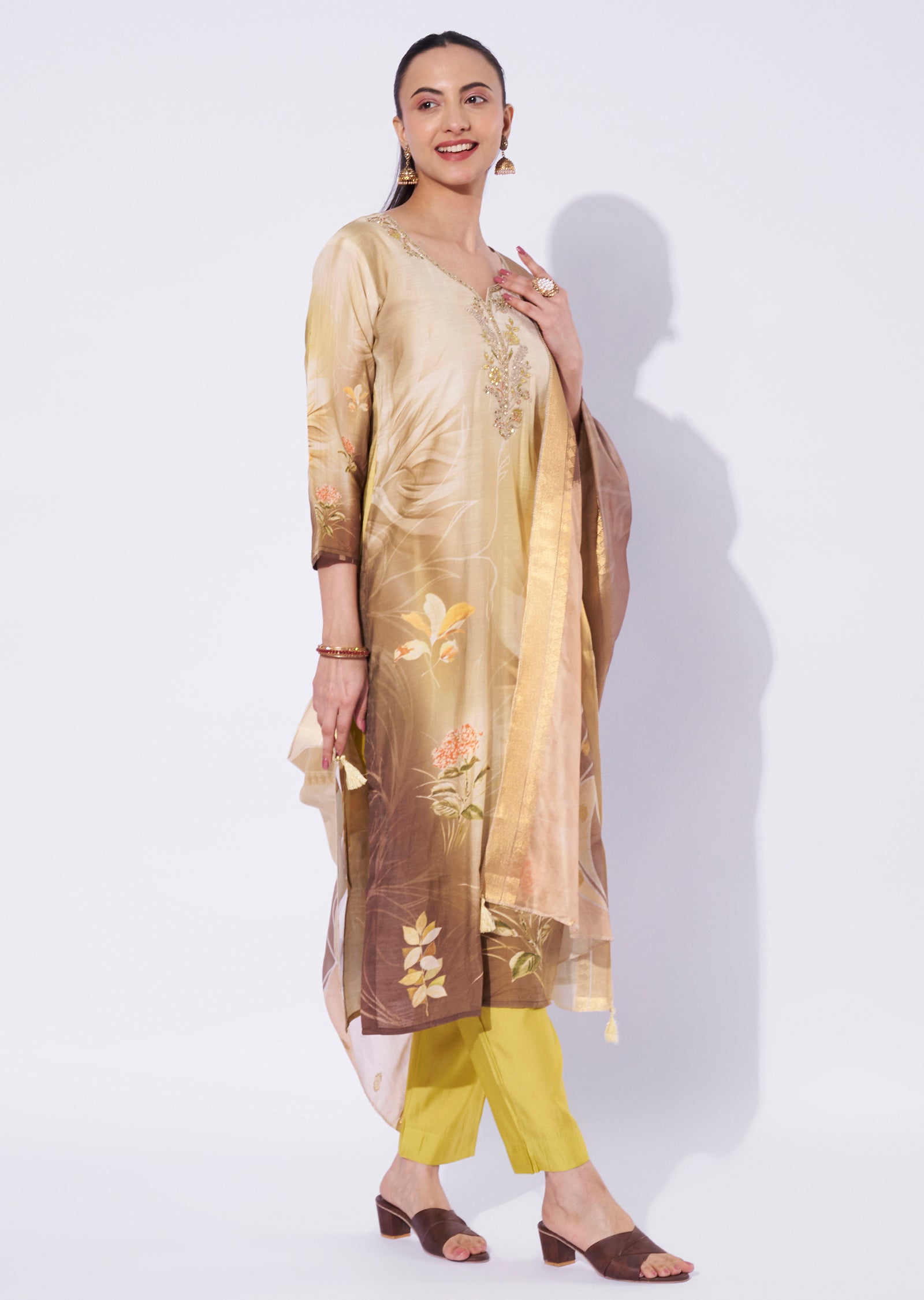 Beige Chanderi Straight Cut Suit