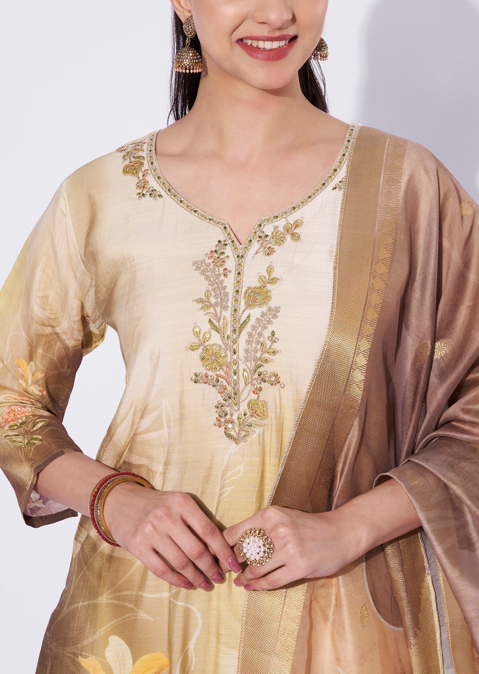 Beige Chanderi Straight Cut Suit