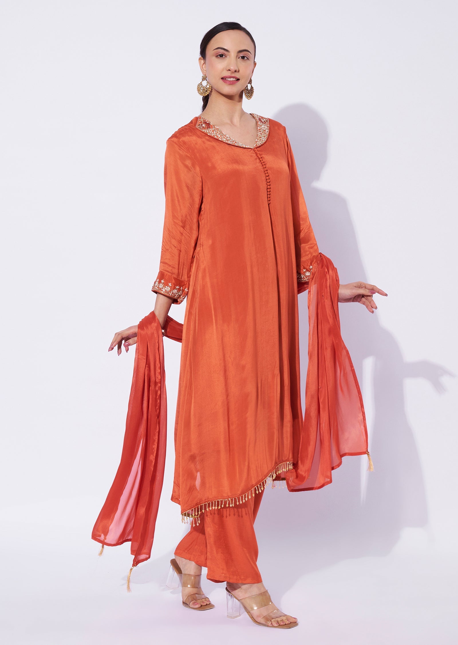 Rust Chinnon Tail-Cut Kurti Set