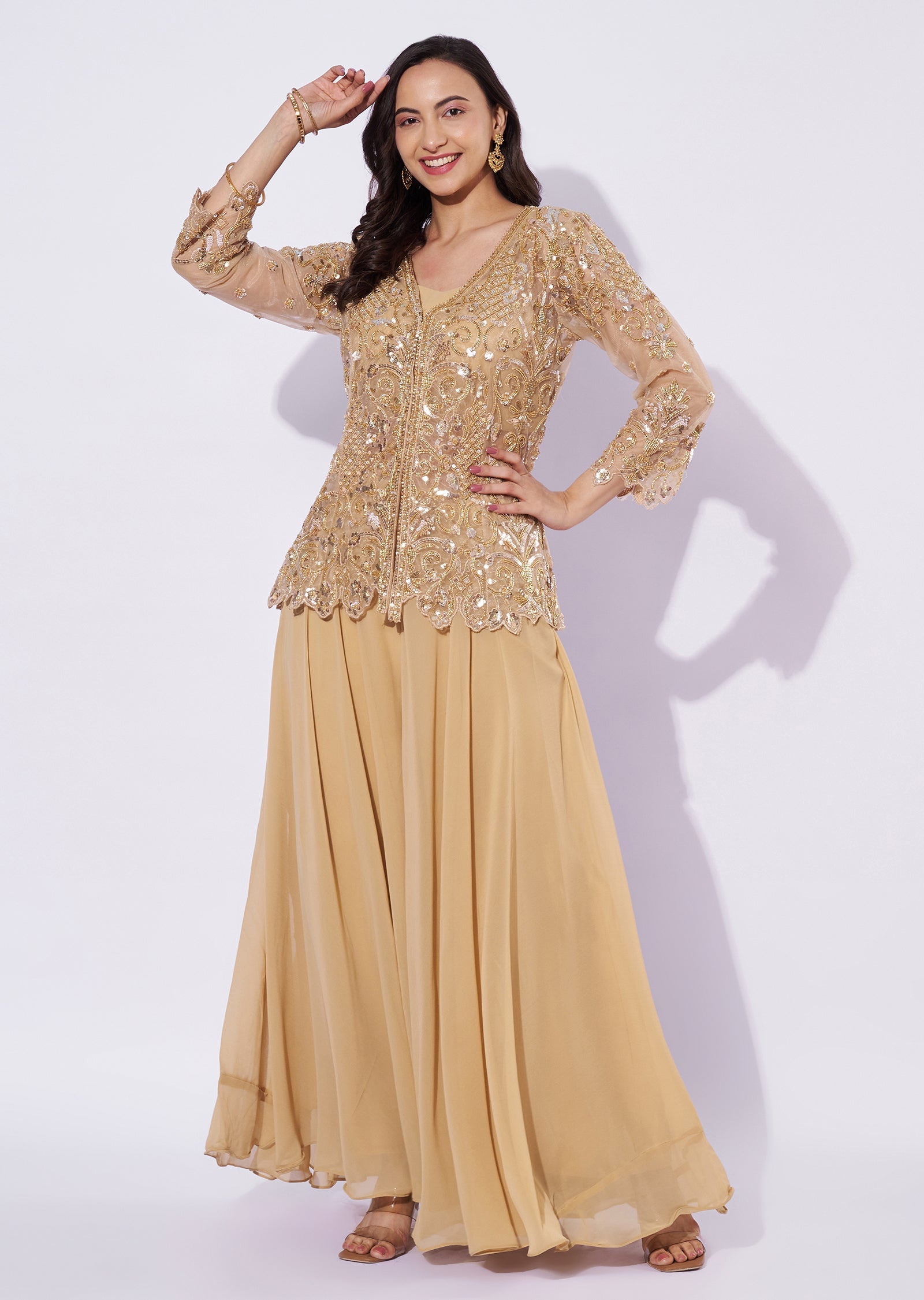 Beige Net Sharara Set