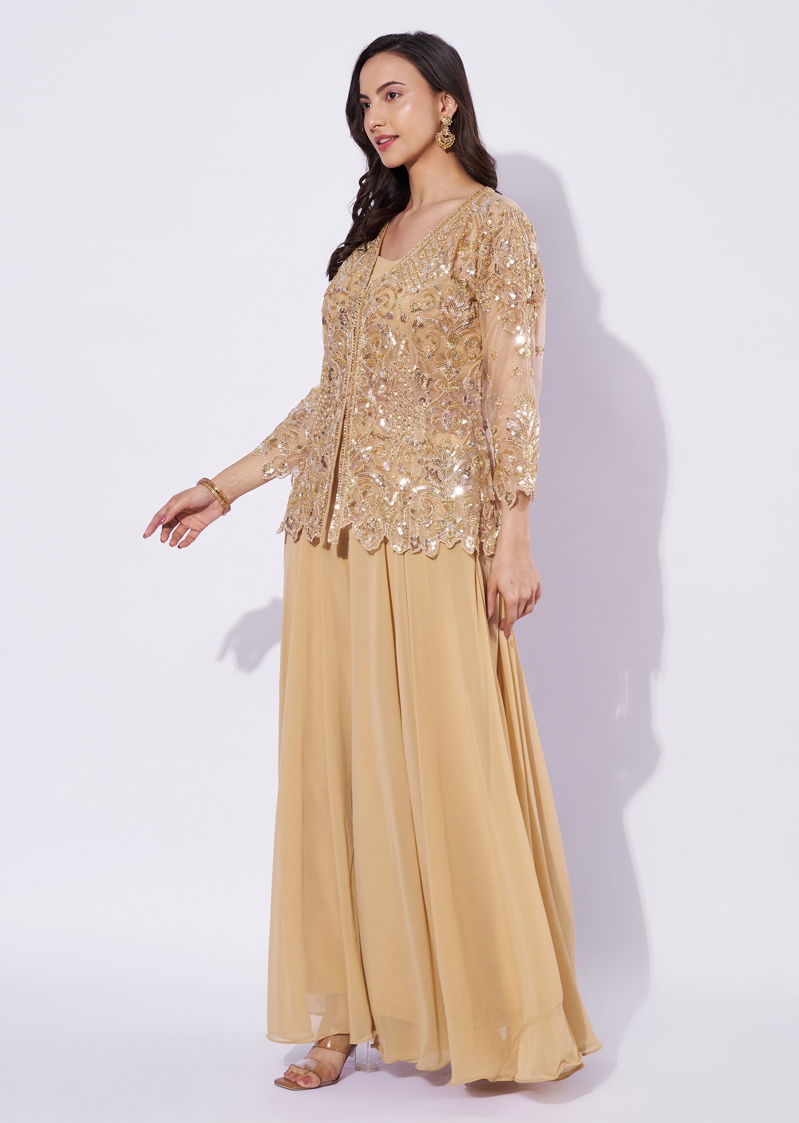 Beige Net Sharara Set