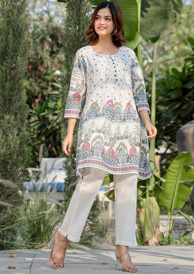 Cream Cotton Straight Cut Kurti Set