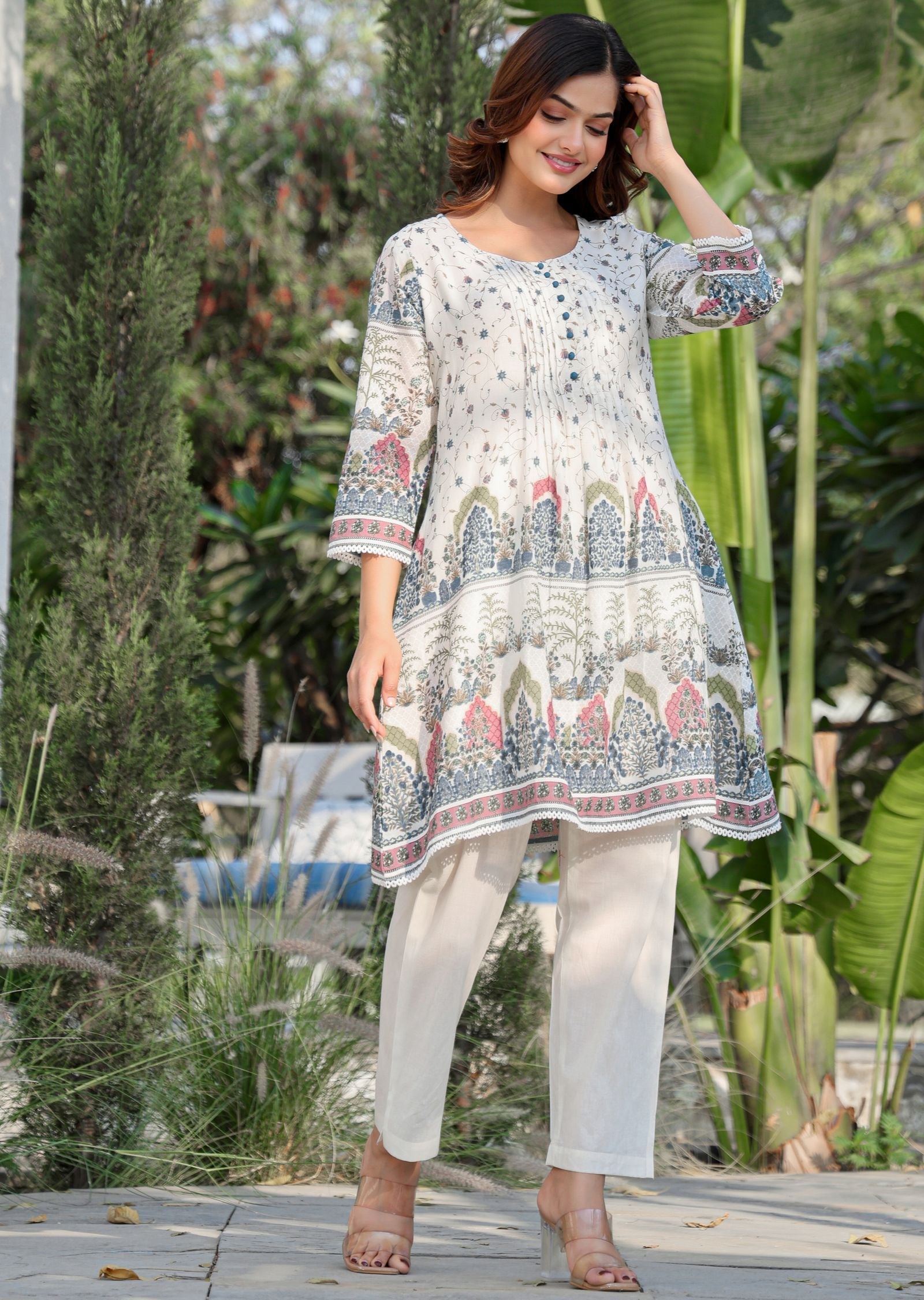 Cream Cotton Straight Cut Kurti Set