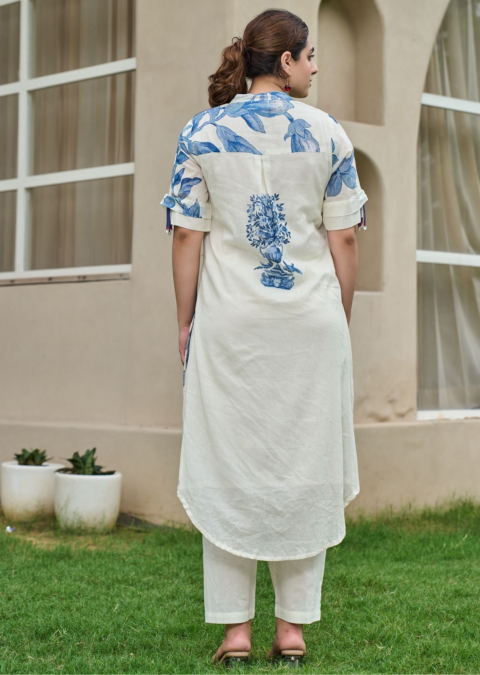 Blue Cotton Straight Cut Kurti Set