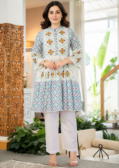 Off White Cotton Straight Cut Kurti Set