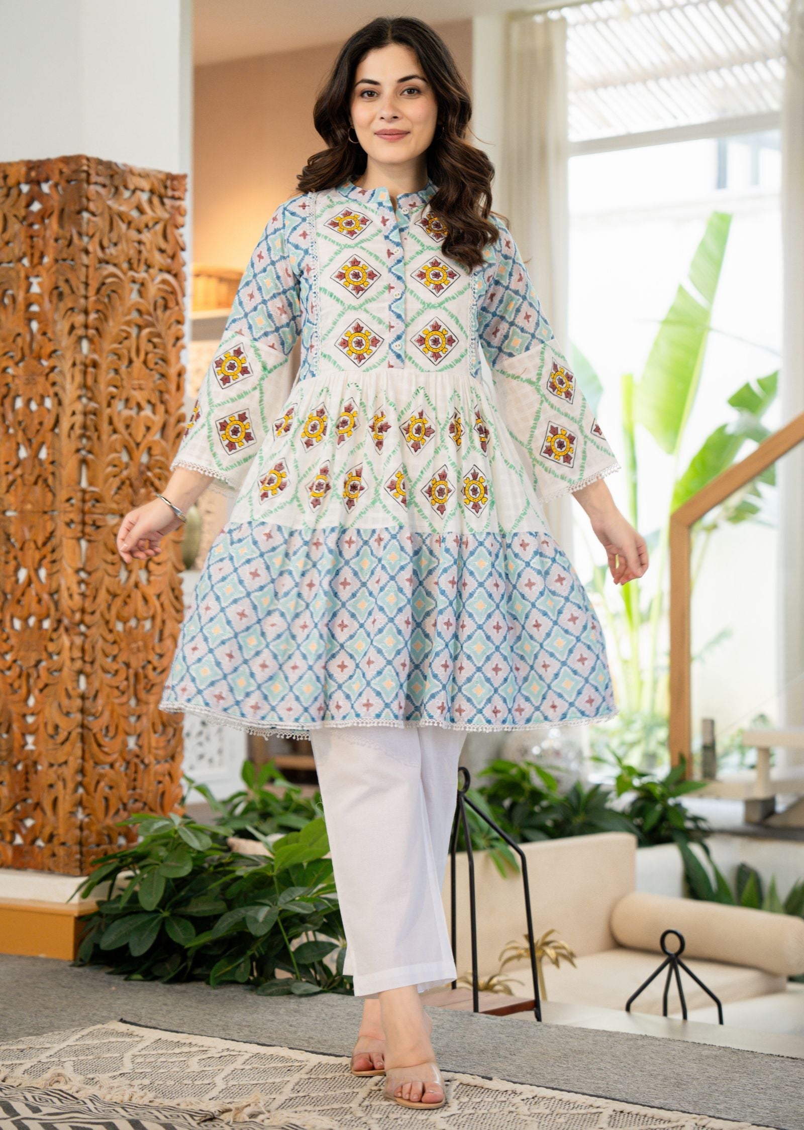 Off White Cotton Straight Cut Kurti Set