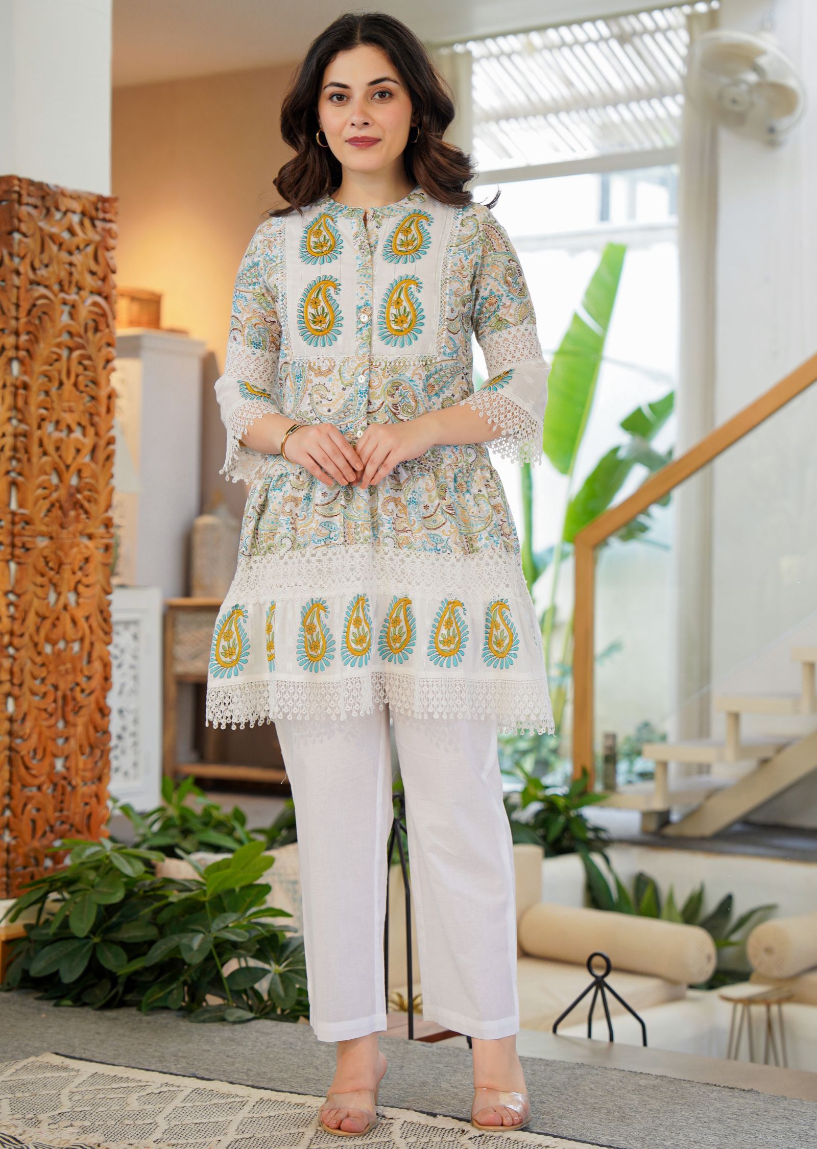 Off White Cotton Straight Cut Kurti Set