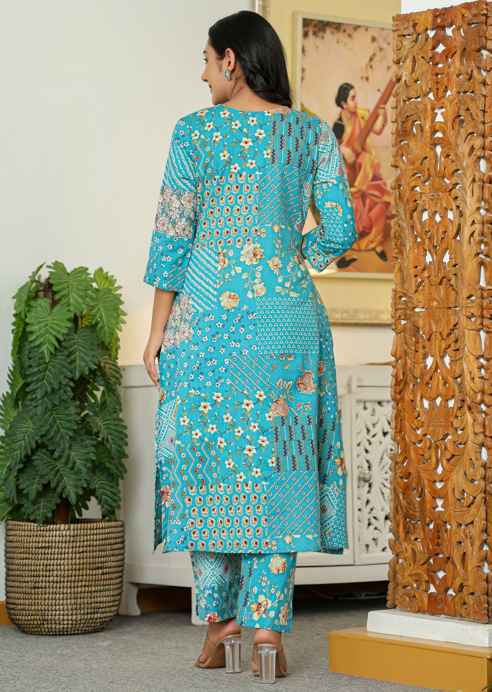 Blue Cotton Straight Cut Kurti Set